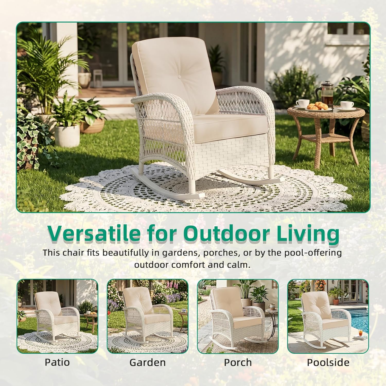VIVIJASON Outdoor Wicker Rocking Chair, Patio Rattan Rocker Chair with Cushions & Steel Frame, All-Weather Rocking Lawn Furniture for Garden Backyard Porch, Cream White/Beige