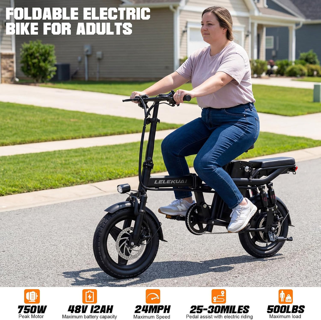Heavy-Duty Foldable Electric Bike for Adults with 7 Shock Suspension, 500+ lbs Capacity, 740W Motor, 25MPH, 720Wh Battery, 20-Mile Range, 14' Fat Tires Commuter Bicycle for Road & Mountain Riding