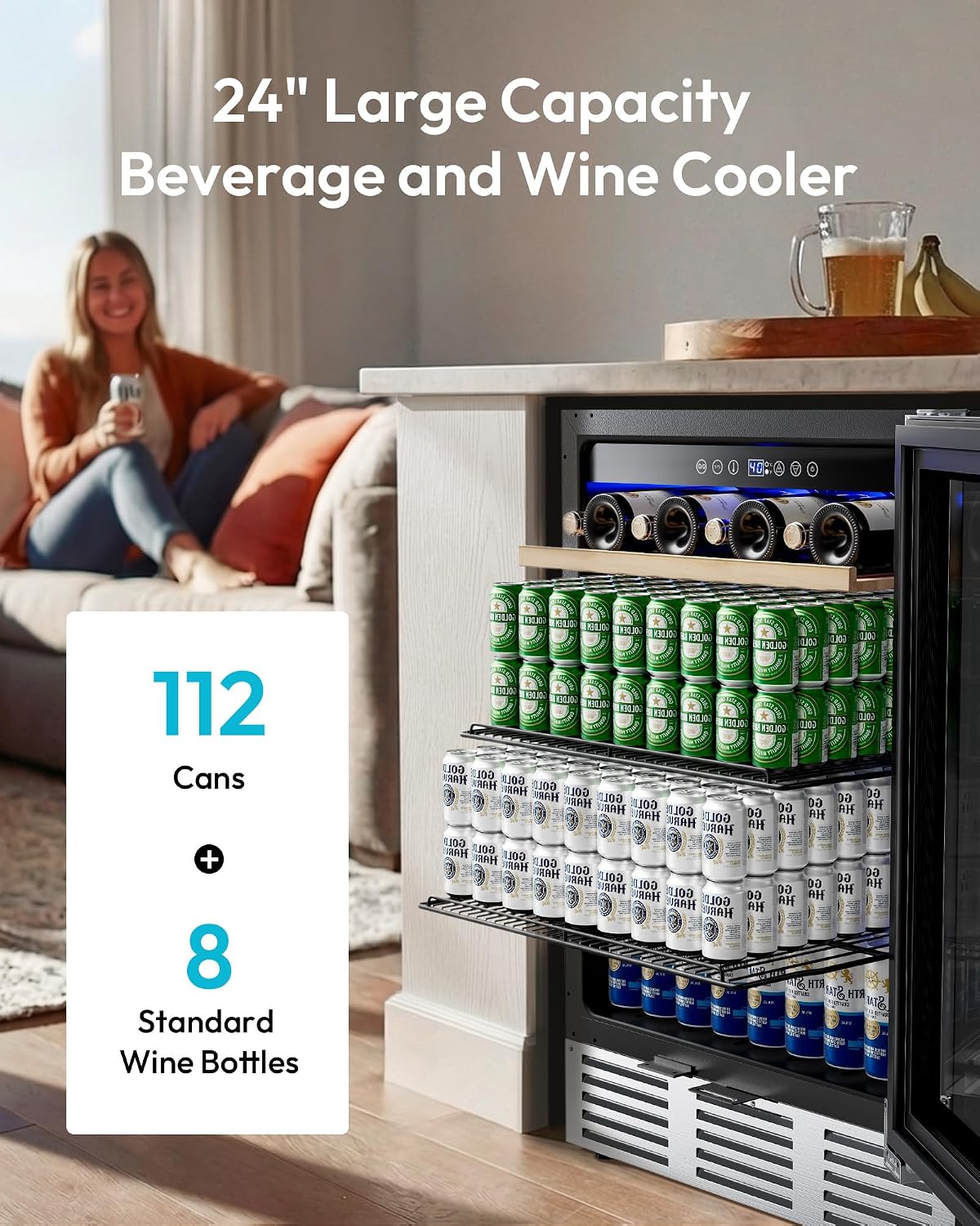 EUHOMY 24 Inch Wine and Beverage Refrigerator, 112 Cans & 8 Bottles Built-in or Freestanding Beverage Refrigerator Double-Layer Glass Door, Under Counter Wine Fridge for Kitchen, Bar, Office