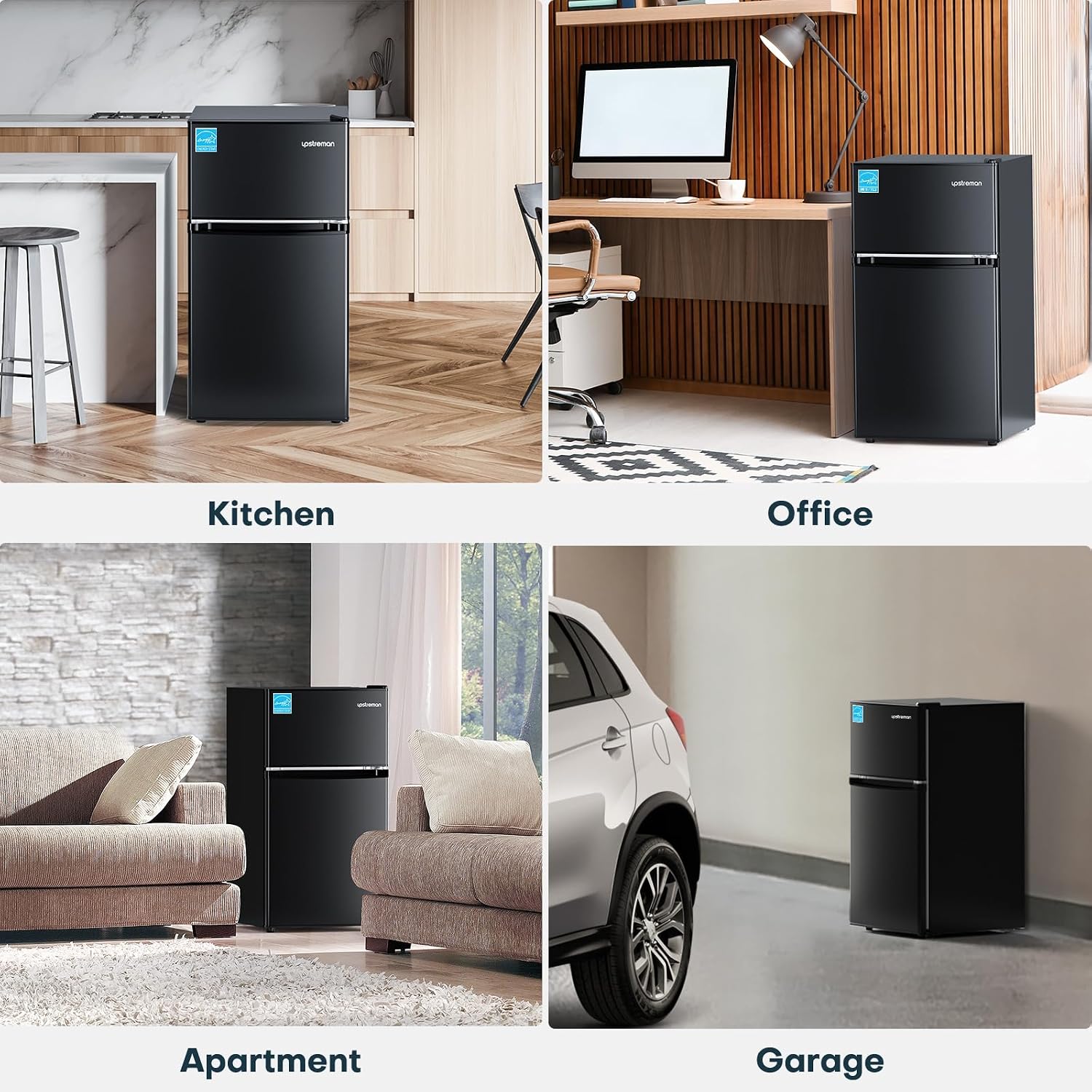 Upstreman 3.1 Cu.Ft Mini Fridge with Freezer, Double Door Small Fridge, Dorm Essentials, Adjustable Thermostat, Energy Saving, Mini Refrigerator for Office, Dorm, Bedroom, Black