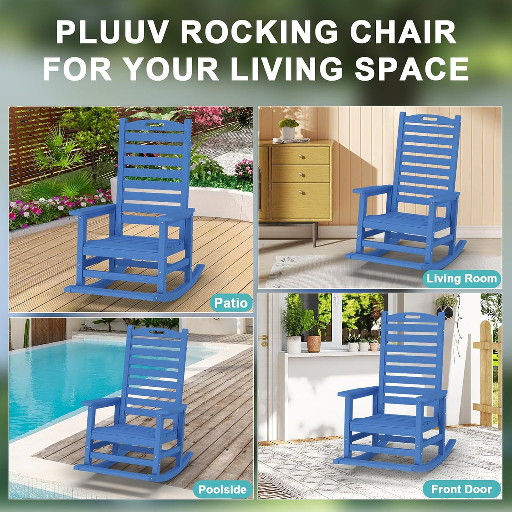 PLUUV Outdoor Rocking Chair Set of 2 with Removable Footboard for Adults, HDPE High Back Patio Rocking Chairs, 330lbs All Weather Porch Rocking Chairs for Outdoor & Indoor -Navy Blue
