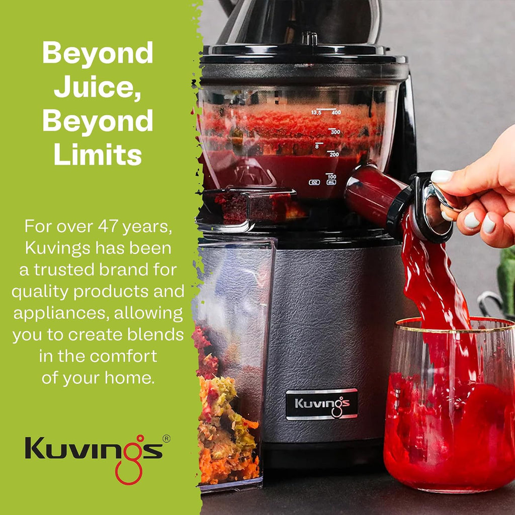 Kuvings EVO820GMS Whole Slow Juicer - Cold Press Juicer with a 5th Gen O-shaped Flip Gate and a 3.2 inch (82 mm) Food Chute - Juice, Smoothie, Ice Cream and Sorbet Maker - Leather Finish - Gun Metal