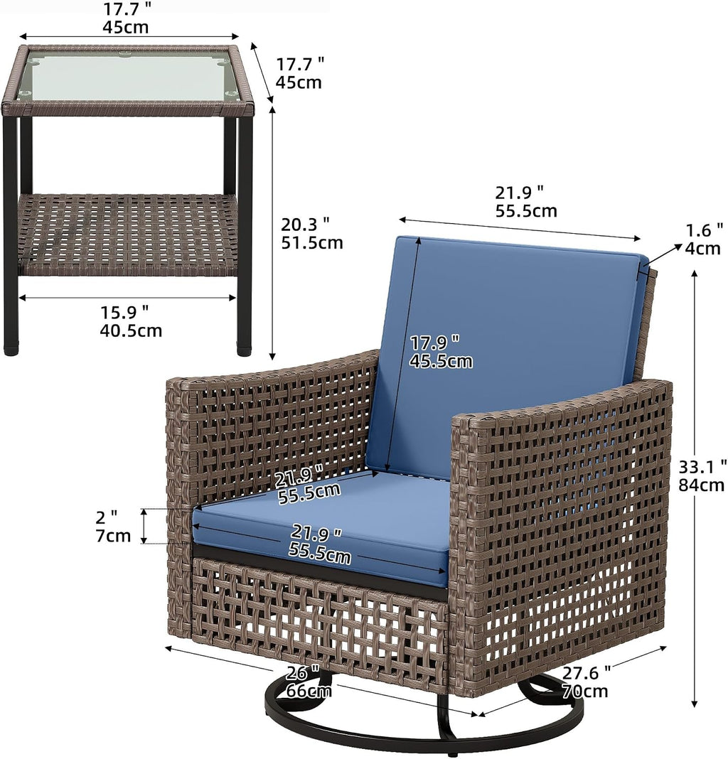 YITAHOME Outdoor Swivel Chair 3 Pieces, Wicker Patio Furniture, Porch Furniture, Swivel Wicker Patio Chairs with Rattan Side Table, Thickened Cushions for Porch, and Yard, Blue