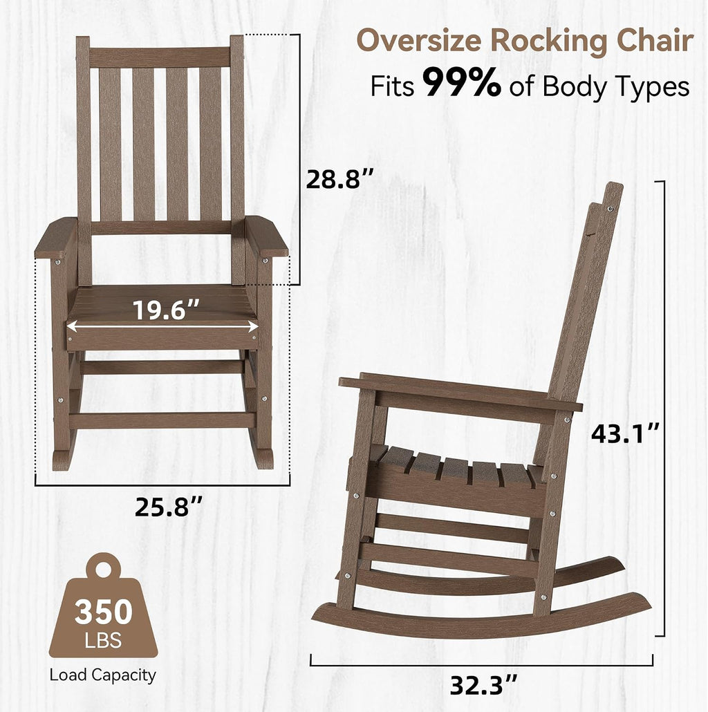 HDPE Outdoor Rocking Chair Set of 2, Oversized Rocking Chairs with Widened Seats & High Backs (2, Brown)
