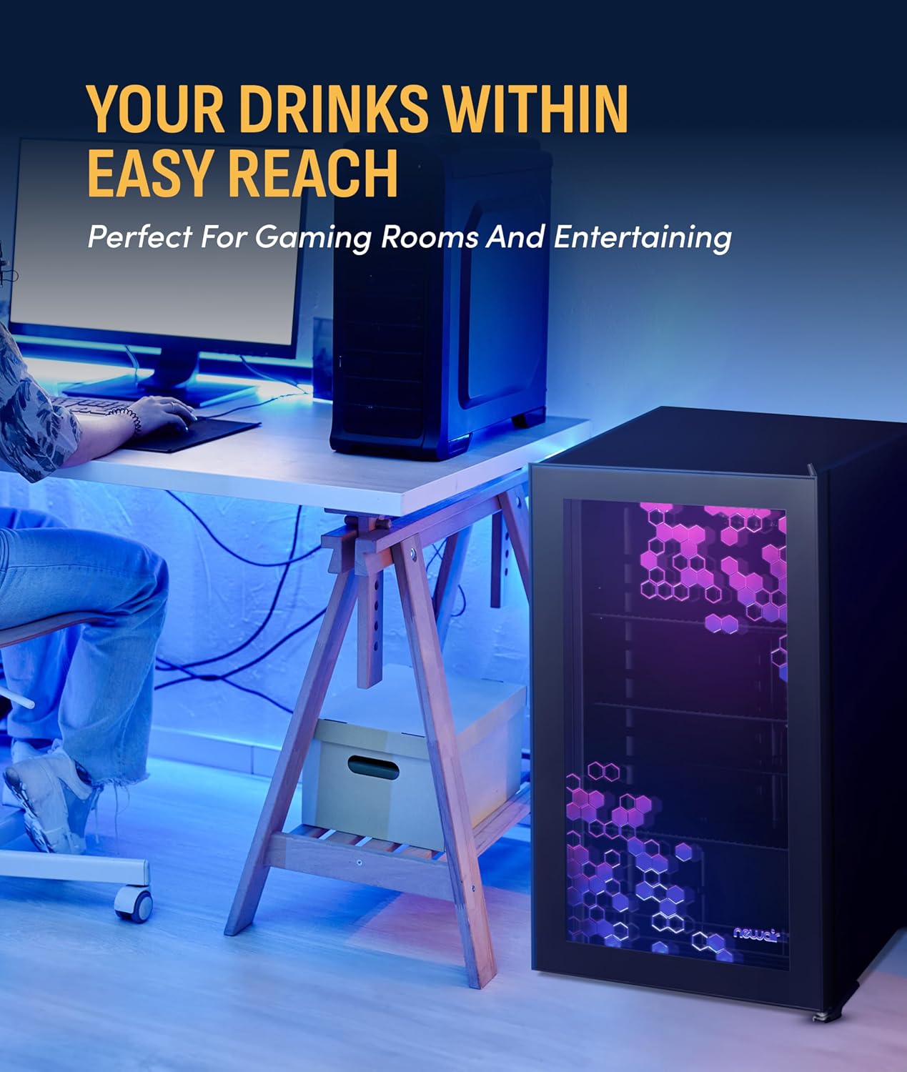 NewAir 85 Can Beverage Refrigerator with HexaColor LED Lights | Small Mini Fridge for Bedroom, Gaming Room, or Office | Remote Controlled Lighting & Quiet Cooling