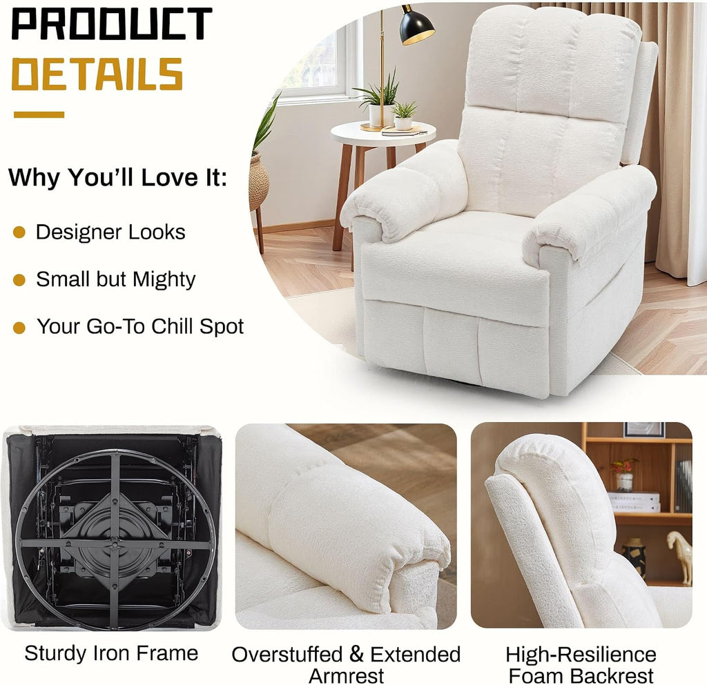 Korser Recliner Chair, Swivel Rocker Recliner Chair for Adults, Small Recliners for Small Spaces, Upholstered Manual Recliner with Side Pockets, Nursery Rocking Chair for Living Room, Chenille, Beige