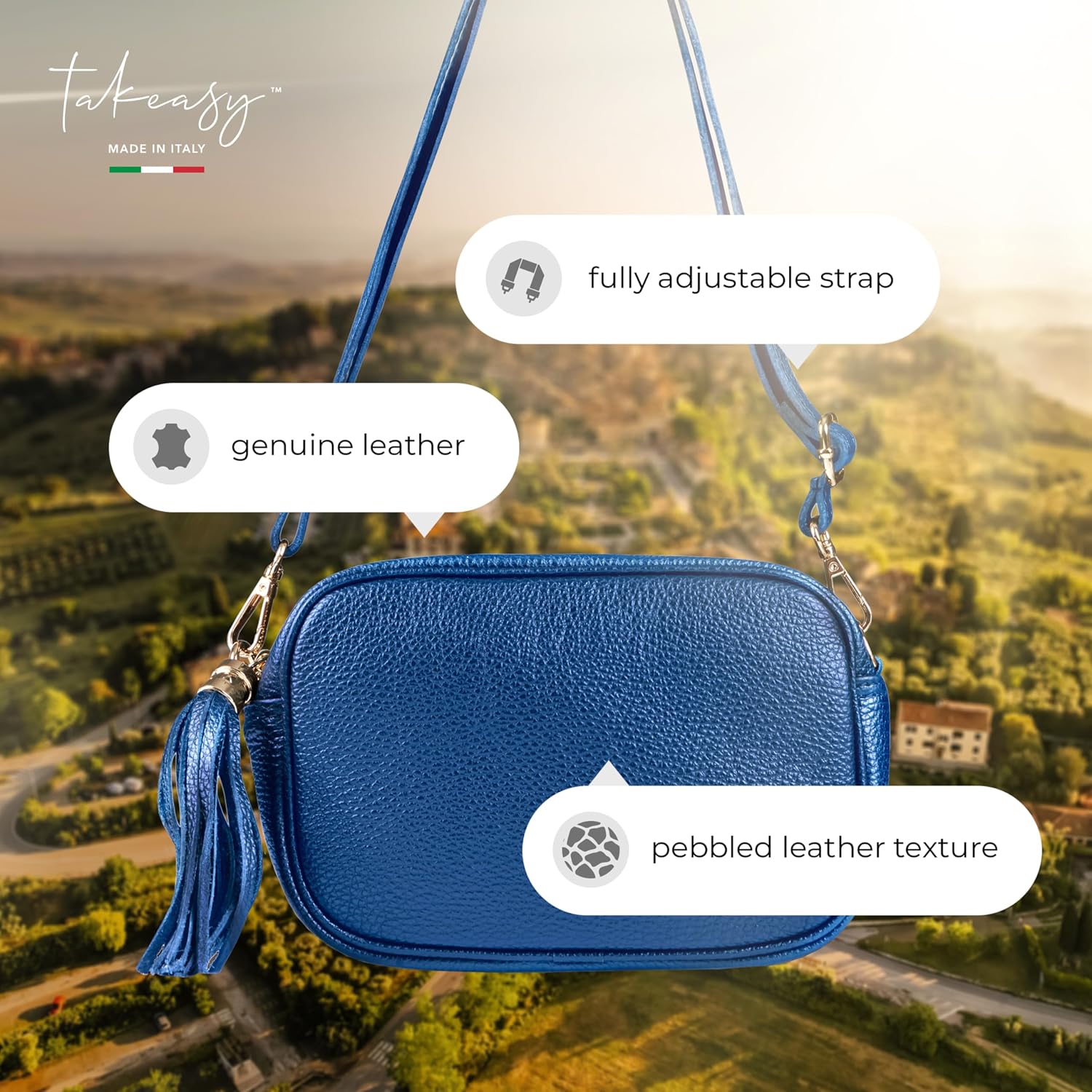Italian Calf Leather Crossbody Bag for Women with Tassel Zipper | Small Camera Purse Shoulder Handbag Pocketbook