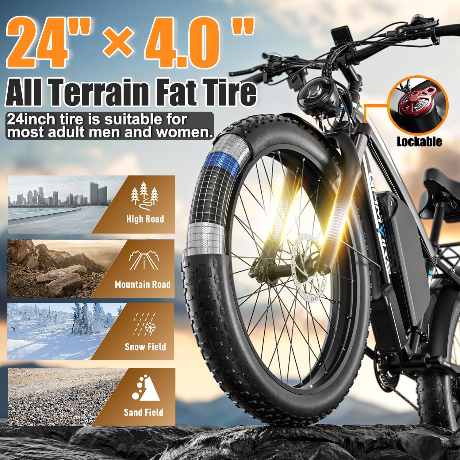Ebike for Adults Electric, 52V 19.2Ah/32Ah, Peak 2000W/3000W Electric Bicycle, 36/40M P H, 70 Miles/100Miles, Off Road Snow Mountain E-Bike, Hydraulic Disc Brake, 24'/26' Fat Tire E Bike UL2849 by SGS