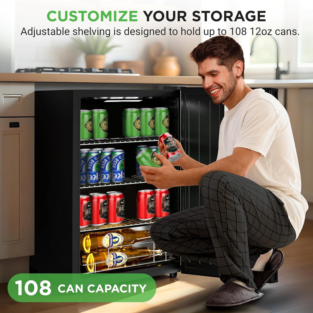 Nutrichef Beer Fridge 108 Can Capacity | Freestanding Beverage Refrigerator with Glass Door for Beer & Soda | Adjustable Temperature 21°F to 64°F | Adjustable Shelves | 19 x 17 x 33 IN | Black