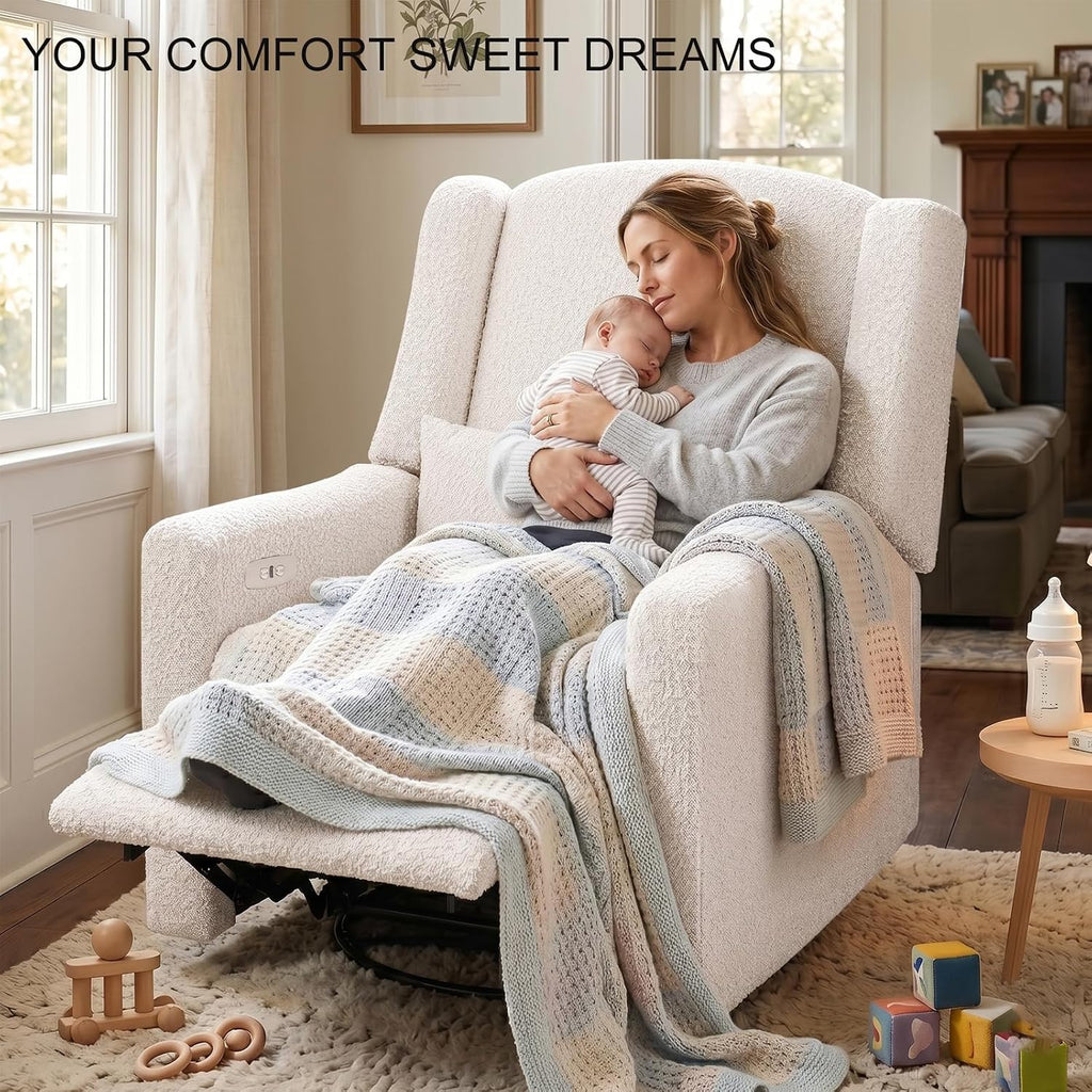 Power Recliner Chair Swivel Gilder Rocking Chairs Skin-Friendly Power Recliner Nursery Chair for Adults with Waist Pillow, USB Charging (Beige, Only Recliner Chair)