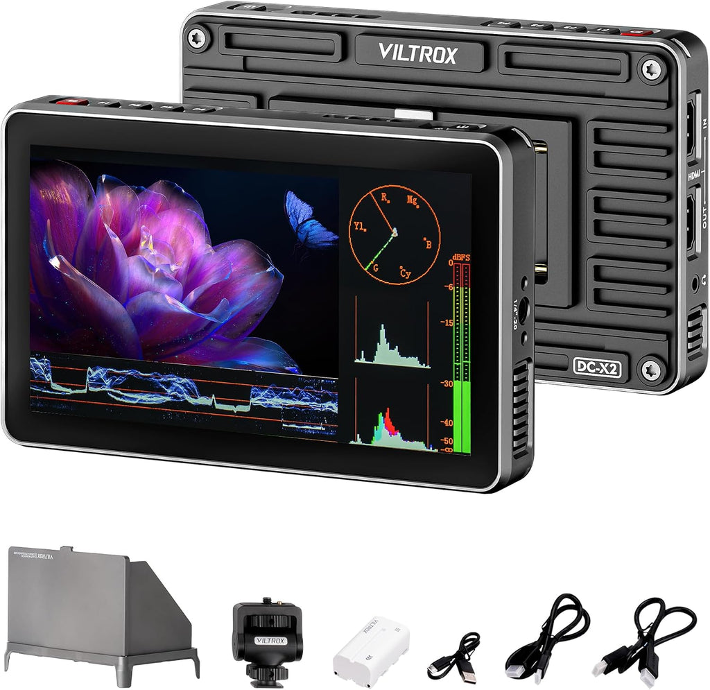 VILTROX DC-X2 6' Camera Field Monitor 2000 Nits HD1920x1080 IPS Touchscreen DSLR Camera Monitor with 3D LUTs, 4K HDMI Loop in/Out with Peak Focus Video Assist Waveform, NP-F550 Battery & Sunshade Hood