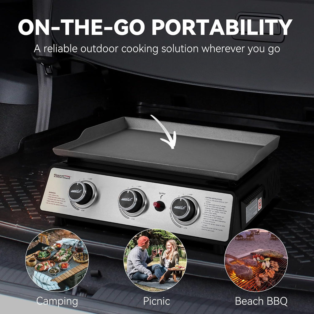 Royal Gourmet PD1301S Portable 3-Burner Tabletop Gas Griddle, 25,500 BTU Cooking Power, 304 Sq. In. Cooking Surface, Ideal for Camping & Tailgating, Black & Silver