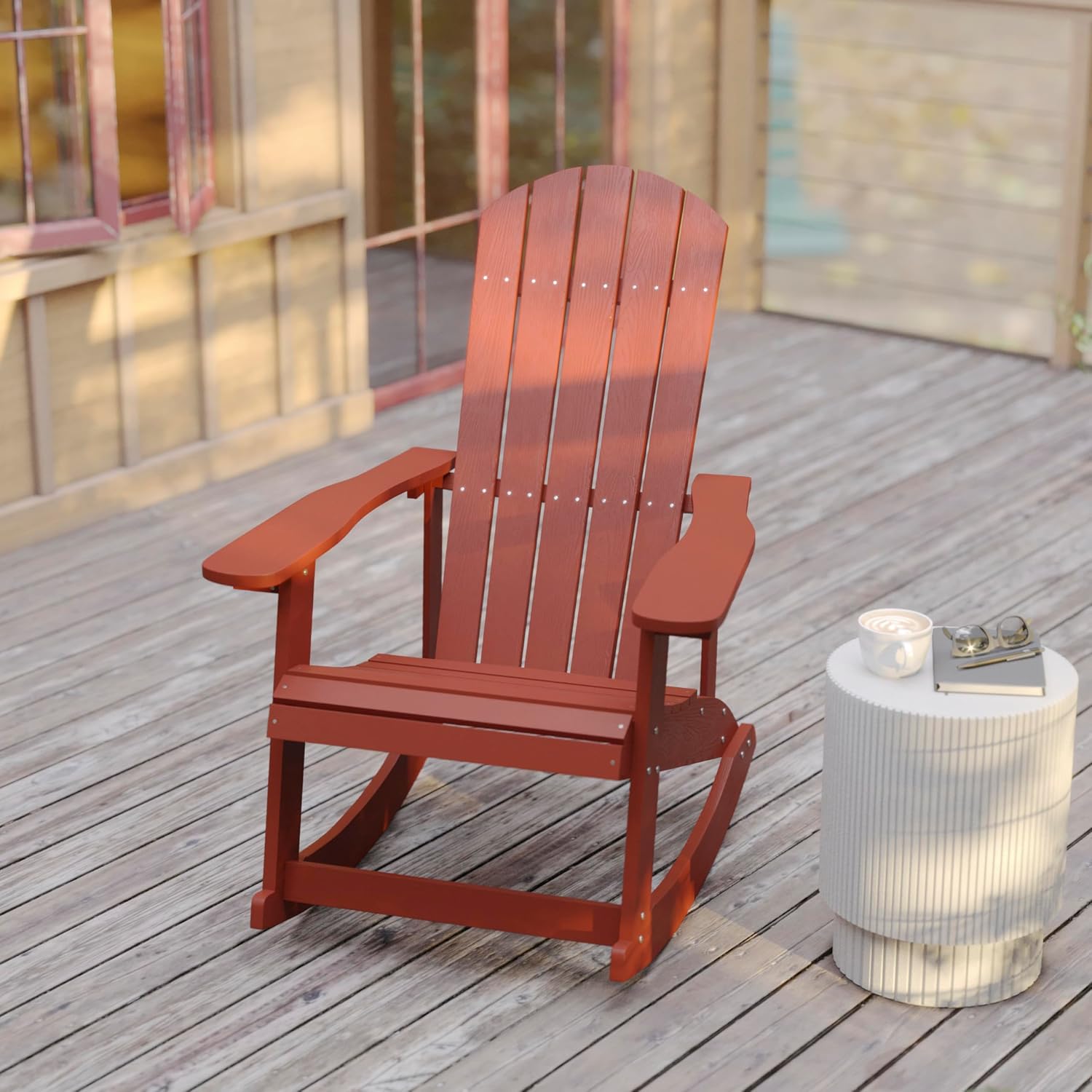 Flash Furniture Savannah Poly Resin Wood Adirondack Rocking Chair - All Weather Red Polystyrene - Stainless Steel Hardware