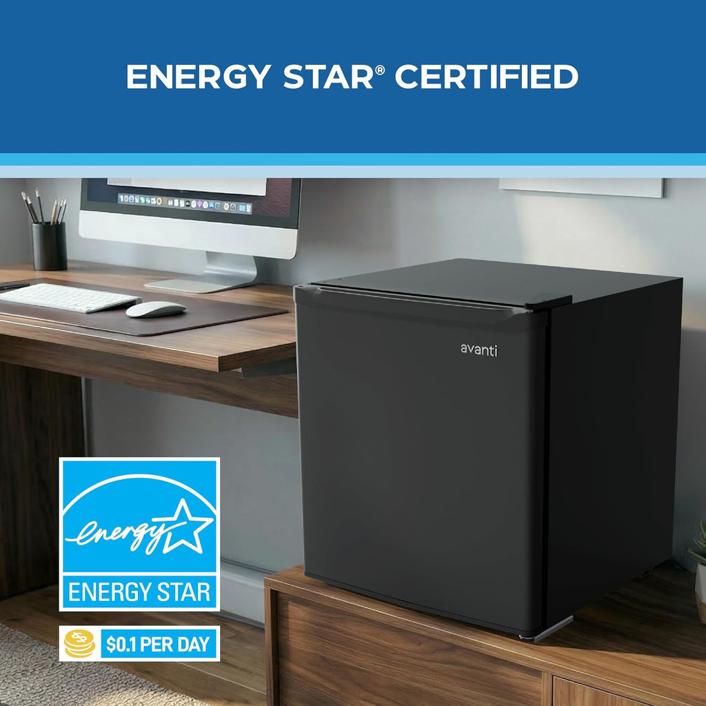 Avanti Mini Fridge 1.6 Cu. Ft. Compact Refrigerator for Dorm, Office & Bedroom, Chiller Compartment, Glass Shelf, Reversible Door, ENERGY STAR, Black