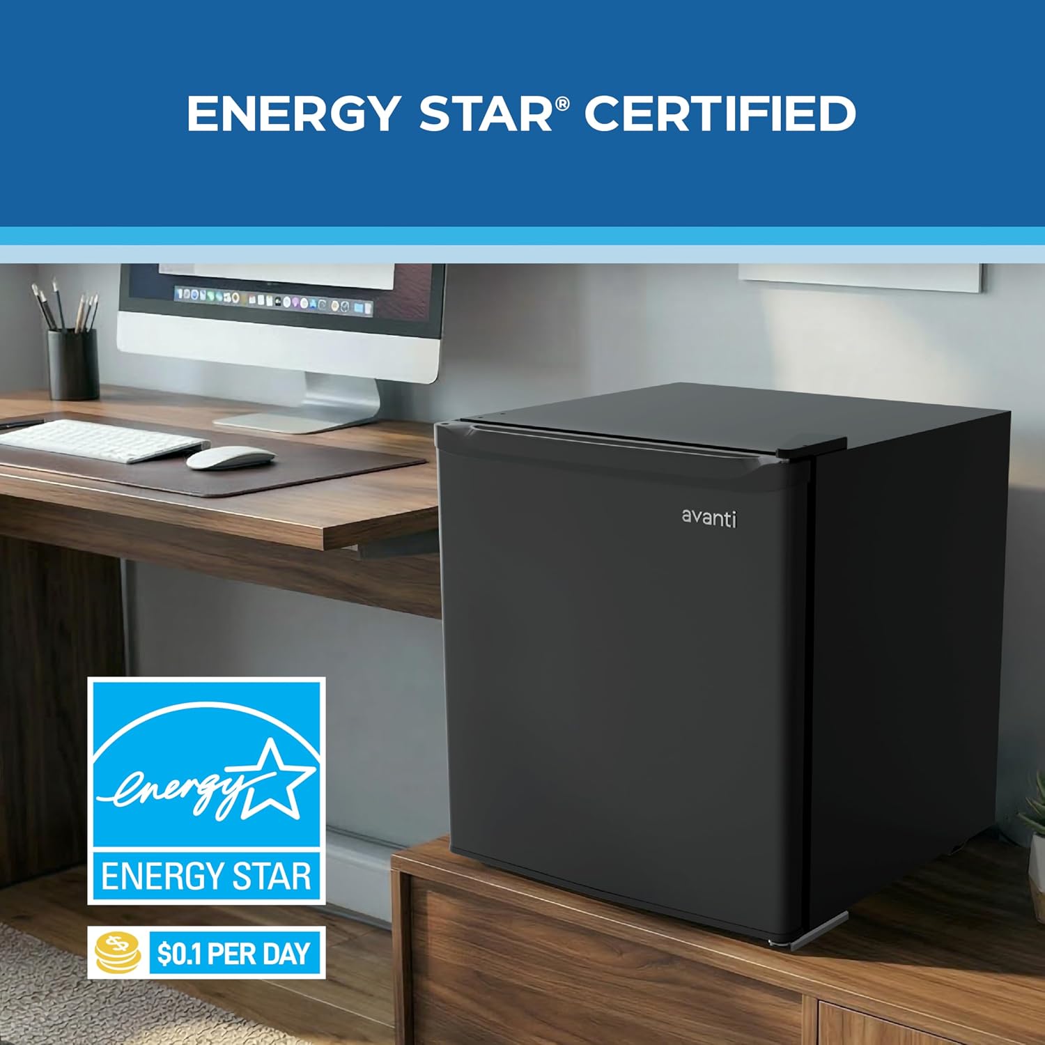 Avanti Mini Fridge 1.6 Cu. Ft. Compact Refrigerator for Dorm, Office & Bedroom, Chiller Compartment, Glass Shelf, Reversible Door, ENERGY STAR, Black