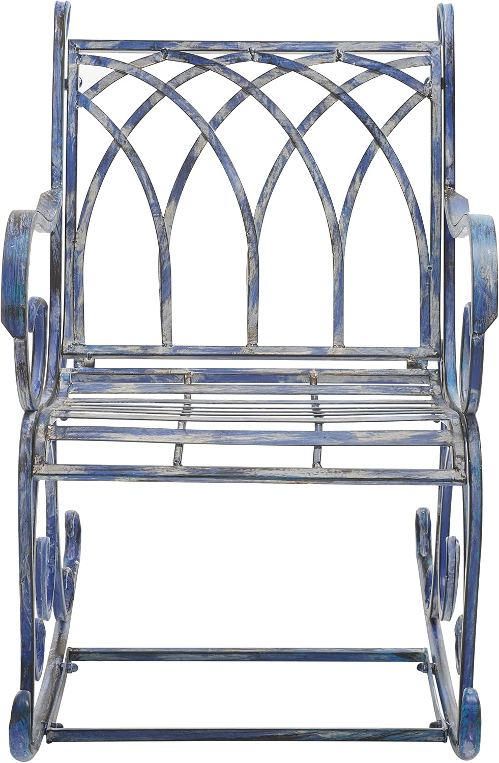 SAFAVIEH Outdoor - Medrano Iron Rocking Chair - Mossy Blue Iron Metal - Vintage Ornate Scrollwork Design - Ideal for Patio, Deck, Porch, Garden, 15' Seat Height (PAT5030C)