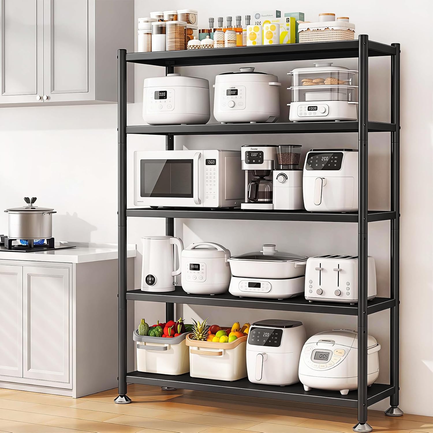 PXRACK Metal Shelving for Storage, 5 Tier Adjustable Kitchen Storage Shelves with Wheels, Shelving Unit Bookshelf Utility Shelf Metal Storage Rack for Garage Pantry Closet Laundry, 35.8'x13'x59.65'