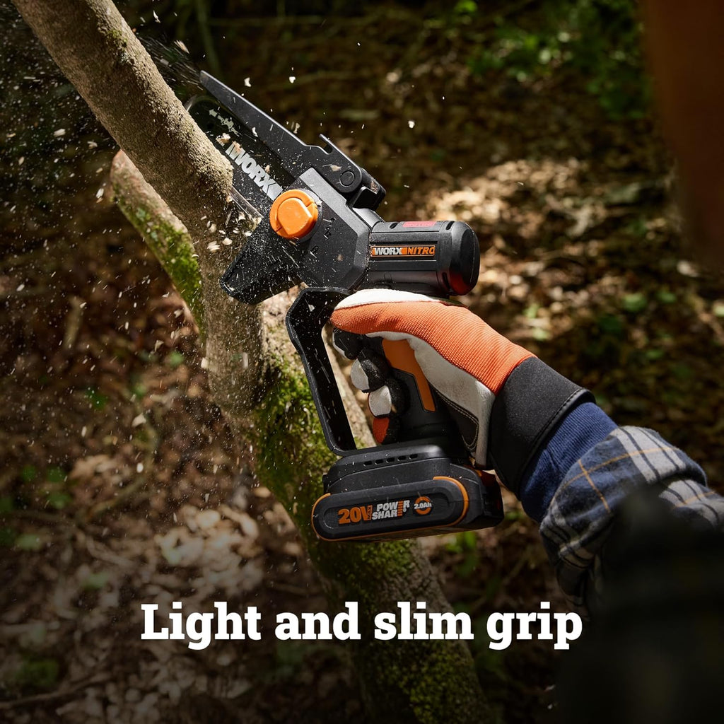 Worx 20V Cordless 5' Pruning Saw, Brushless Mini Chainsaw Cordless, Lightweight Electric Chainsaw 33 ft/s, Handheld Battery Chainsaw w/Tool-Less Chain Replacement Power Share WG325.9 – Tool Only