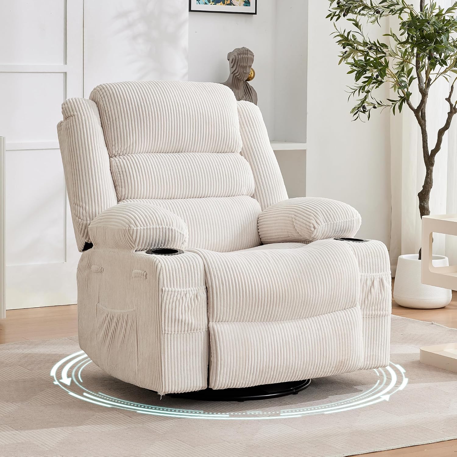 Rocking Recliner Chair for Adults Wide 360° Swivel Rocker Recliner with Cup Holder Nursery Glider with Upholstered Deep Seat Corduroy Lazy boy Chair for Living Room Beige