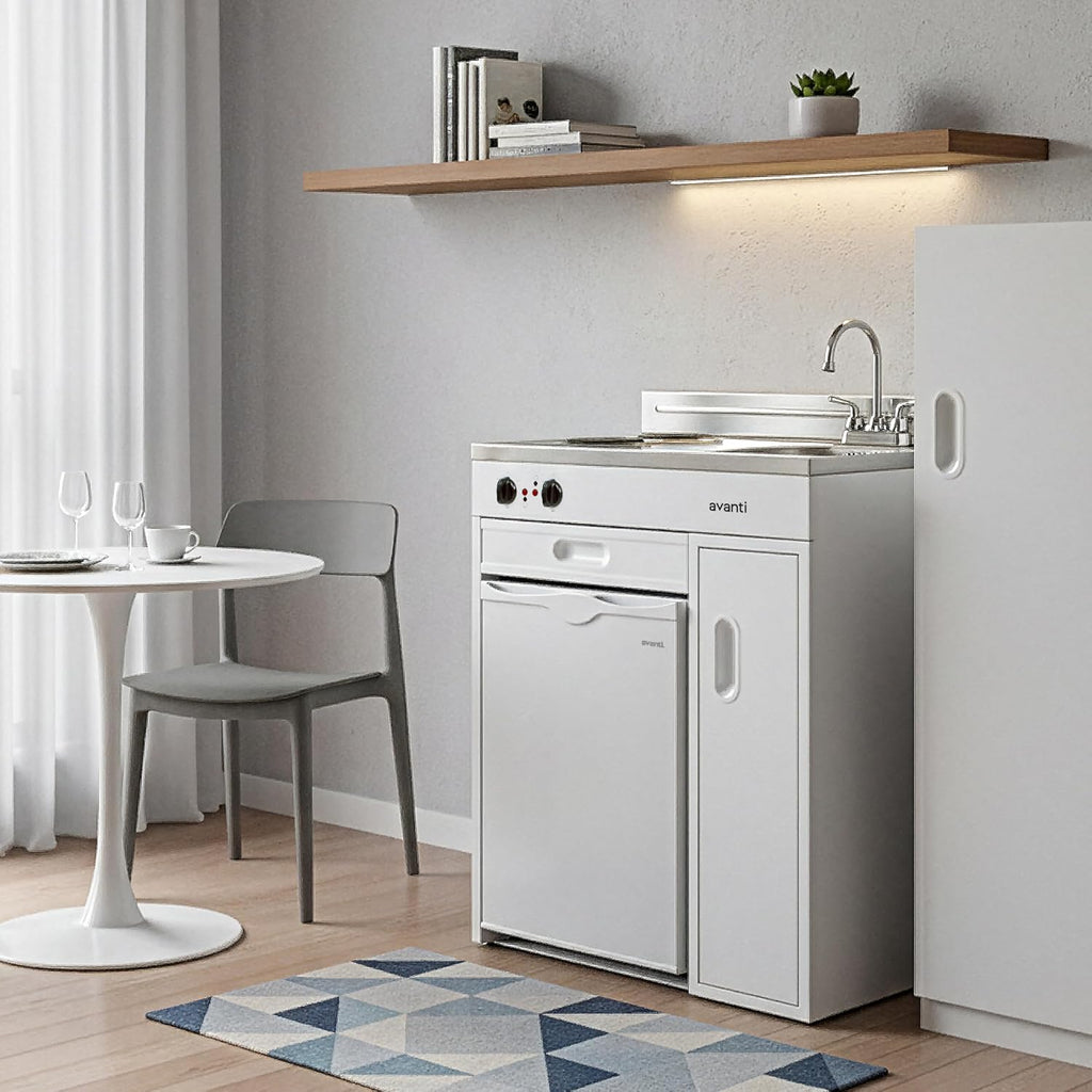 Avanti CK3016 Energy Star Certified Full Compact Kitchen, Built in Kitchenette Stainless Steel Counter, Two Element Cooking Range, Refrigerator & Storage, 30-Inch, White