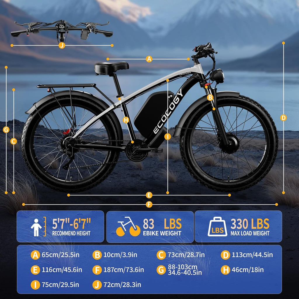 Dual Motor Electric Bikes for Adults, 6000W Peak Ebike, 52V 32Ah, Max 40-45 M P H &100 Miles E-Bike, Hydraulic Disc Brake, 26' Fat Tire Off Road Snow Mountain E-Bikes, 7-Speed Pedal Assist