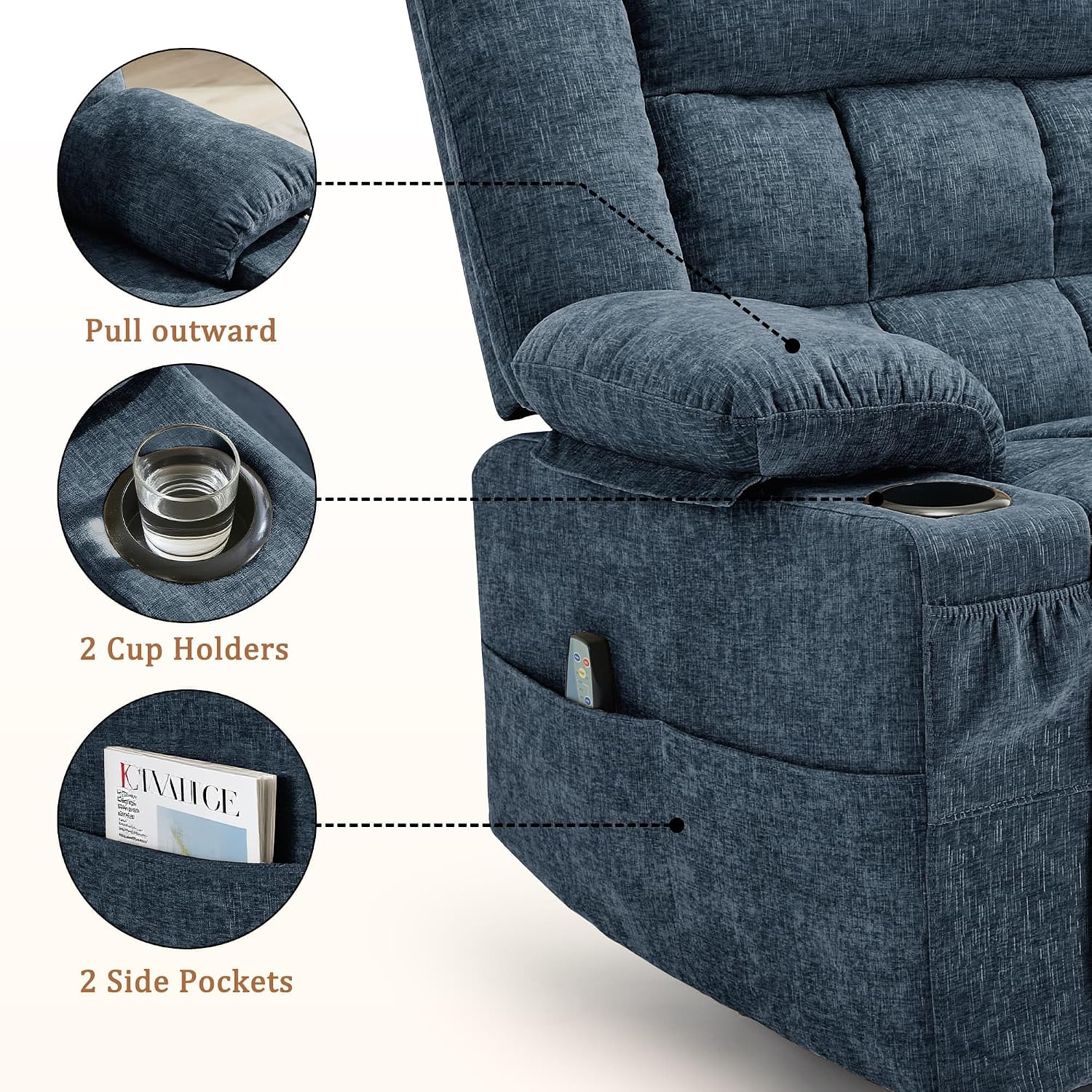Korser 360° Swivel Rocker Recliner for Adults, Nursery Glider Recliner with Massage and Heating, Rocking Chair with Cup Holder, Manual Recliner Chair for Living Room, Bedroom (Fabric, Blue)