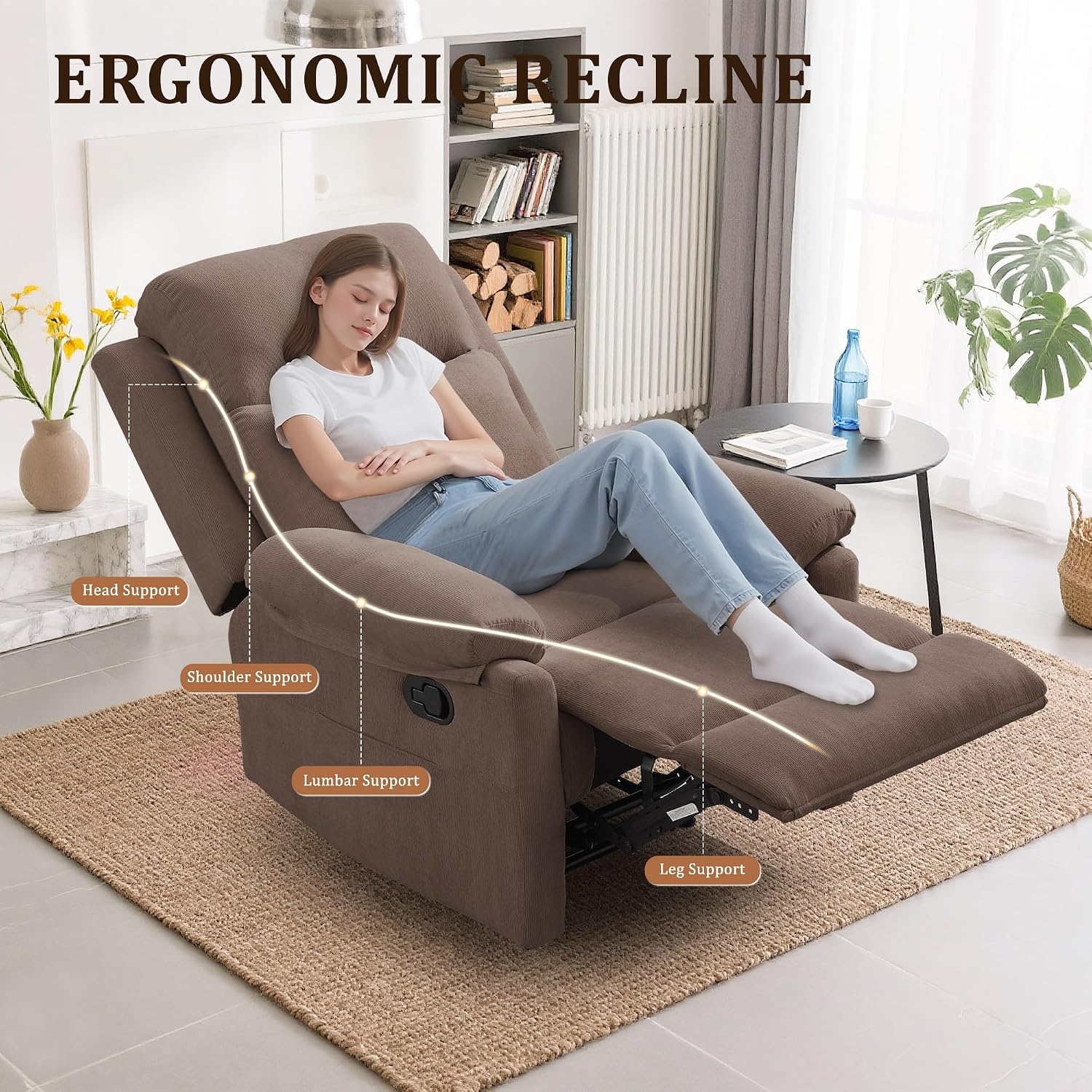Korser Recliner Chairs, Small Recliners for Small Spaces, Manual Recliner for Adults with Side Pockets, Adjustable Overstuffed Comfy Corduroy Reclining Chair for Living Room, Bedroom, Reading, Brown
