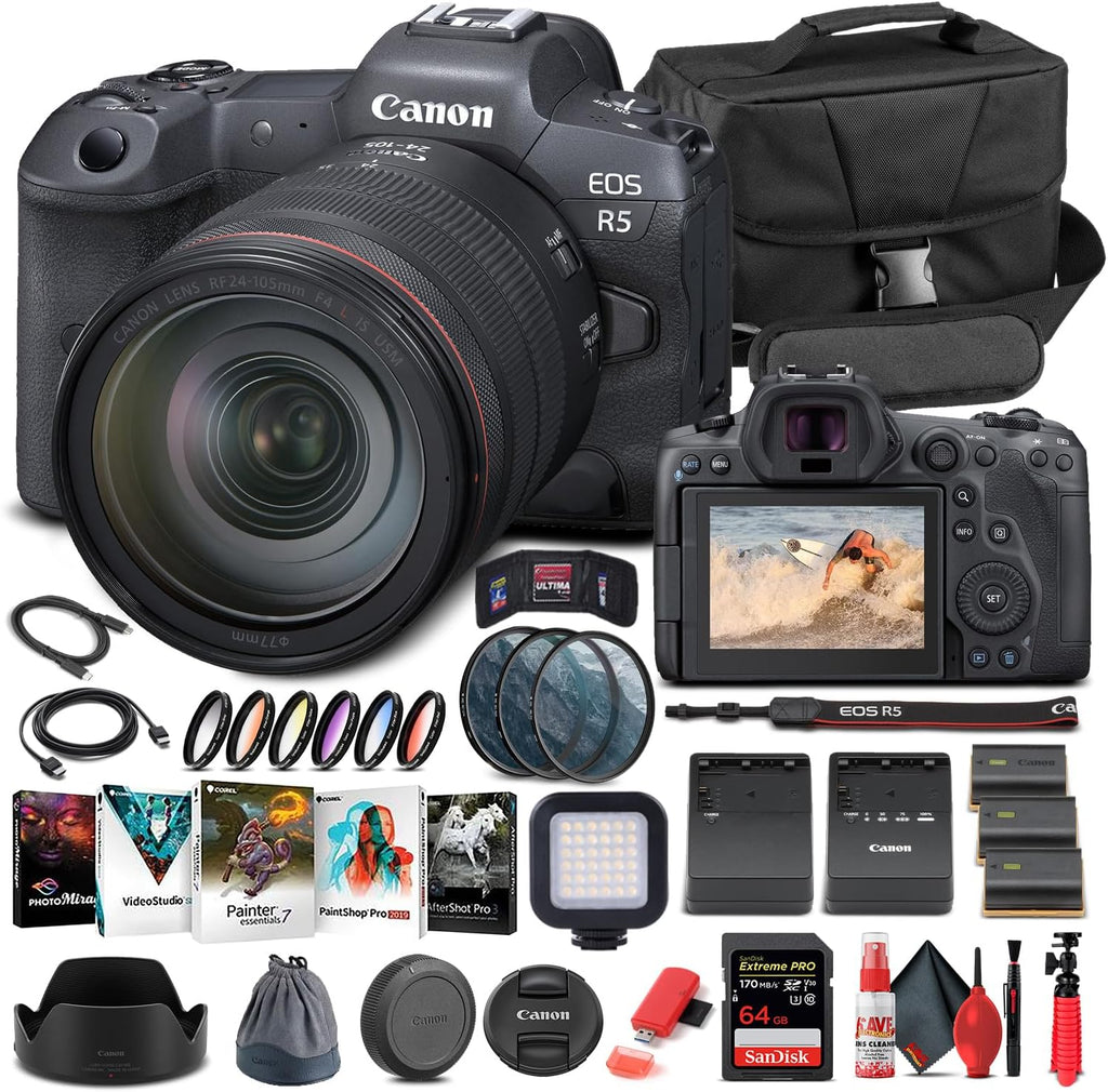 Canon EOS R5 Mirrorless Digital Camera with 24-105mm f/4L Lens (4147C013), 64GB Memory Card, Case, Corel Photo Software, 2 x LPE6 Battery, External Charger, Card Reader, LED Light + More