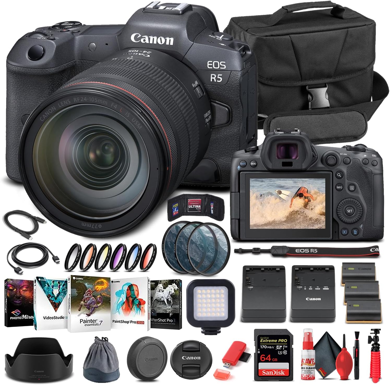 Canon EOS R5 Mirrorless Digital Camera with 24-105mm f/4L Lens (4147C013), 64GB Memory Card, Case, Corel Photo Software, 2 x LPE6 Battery, External Charger, Card Reader, LED Light + More