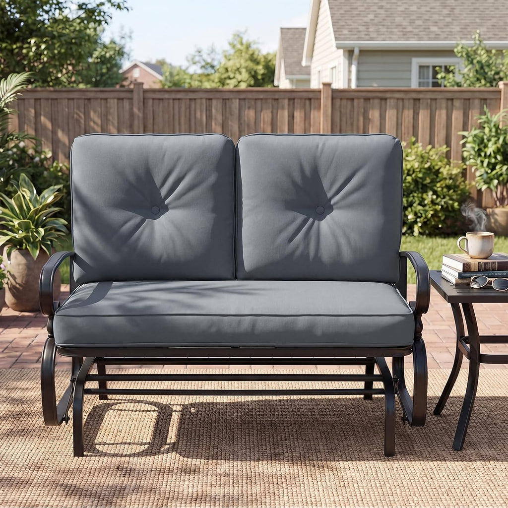 Giantex Outdoor Glider Bench, Patio 2 Person Loveseat with Removable Cushion, Thick Padded Seat, Stable Steel Frame, 400Lbs Capacity, Outside Glider Swing Chair for Deck, Poolside, Yard, Porch (Grey)