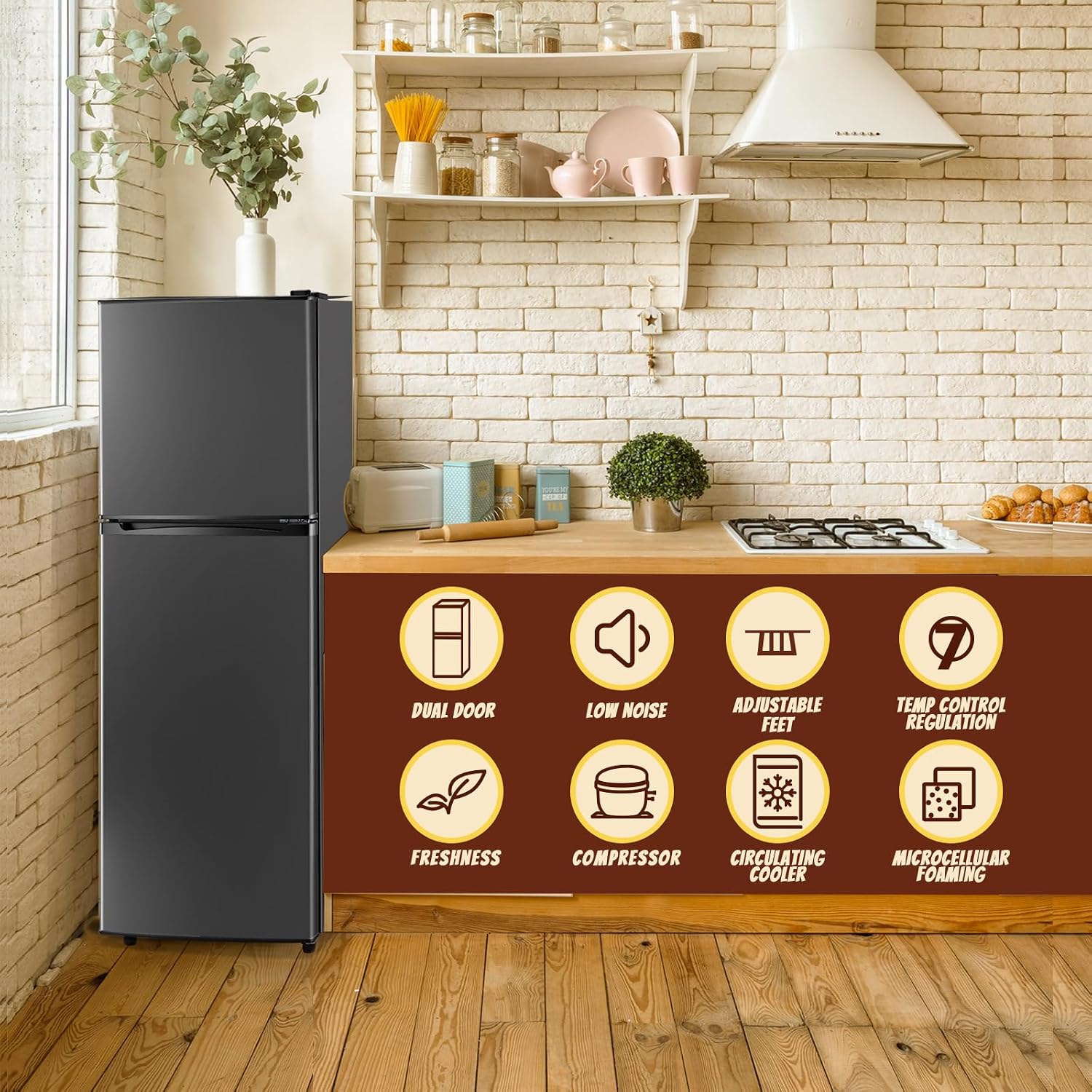Small Refrigerator with Freezer Double Door Mini Fridge Top Freezer Adjustable Temperature for Dorm Office Apartment Dark Gray