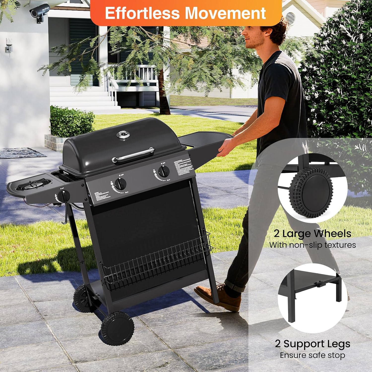 Happygrill 3 + 1 Burner Propane Gas Grill, 39,000 BTU Outdoor Cooking Grill w/Storage Shelves & Porcelain-Enameled Grates, Portable BBQ Grills on Wheels w/Thermometer for Backyard, Camping & Picnic