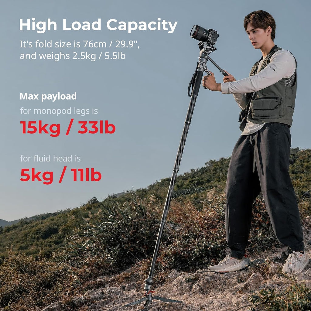 SmallRig 175cm / 68.9' Carbon Fiber Video Monopod for Camera, Compact Camera Monopod with One-Button Lift & Lock, Max. 5kg Playload Fluid Head Fits for DJI RS and for MFT 501L