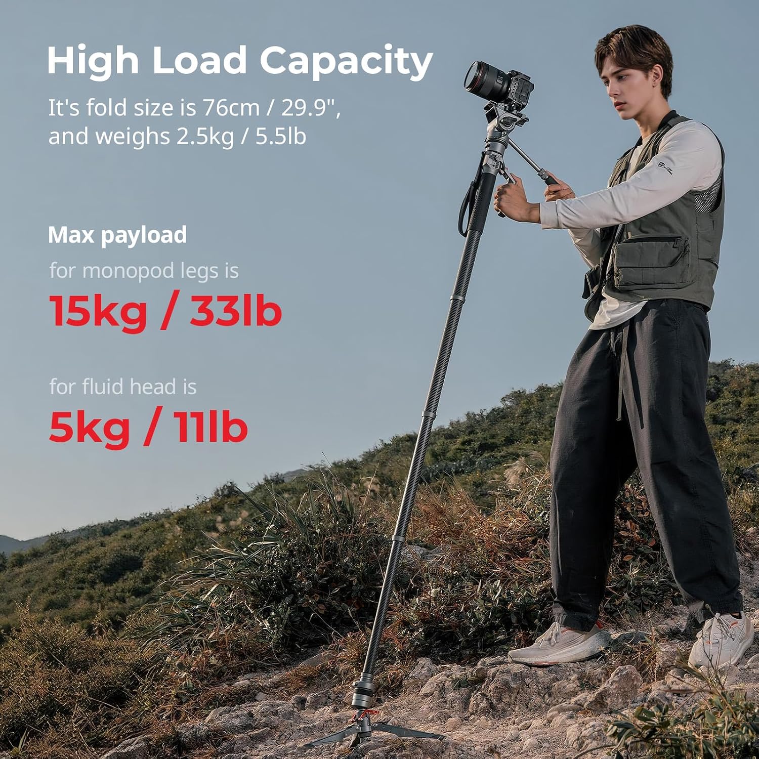 SmallRig 175cm / 68.9' Carbon Fiber Video Monopod for Camera, Compact Camera Monopod with One-Button Lift & Lock, Max. 5kg Playload Fluid Head Fits for DJI RS and for MFT 501L