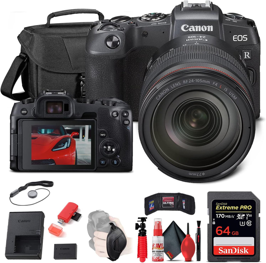 Canon EOS RP Mirrorless Digital Camera with 24-105mm Lens (3380C012) + 64GB Memory Card + Case + Card Reader + Flex Tripod + Hand Strap + Cap Keeper + Memory Wallet + Cleaning Kit