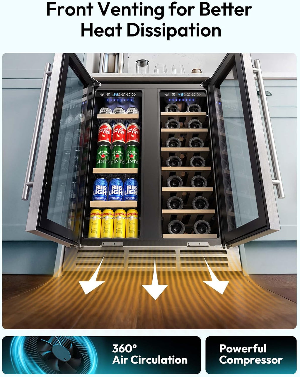 EUHOMY Wine and Beverage Refrigerator, 24 Inch Dual Zone Wine Cooler with Glass Door Hold 21 Bottles and 88 Cans, Built in or Under Counter Wine Fridge with Blue LED Light