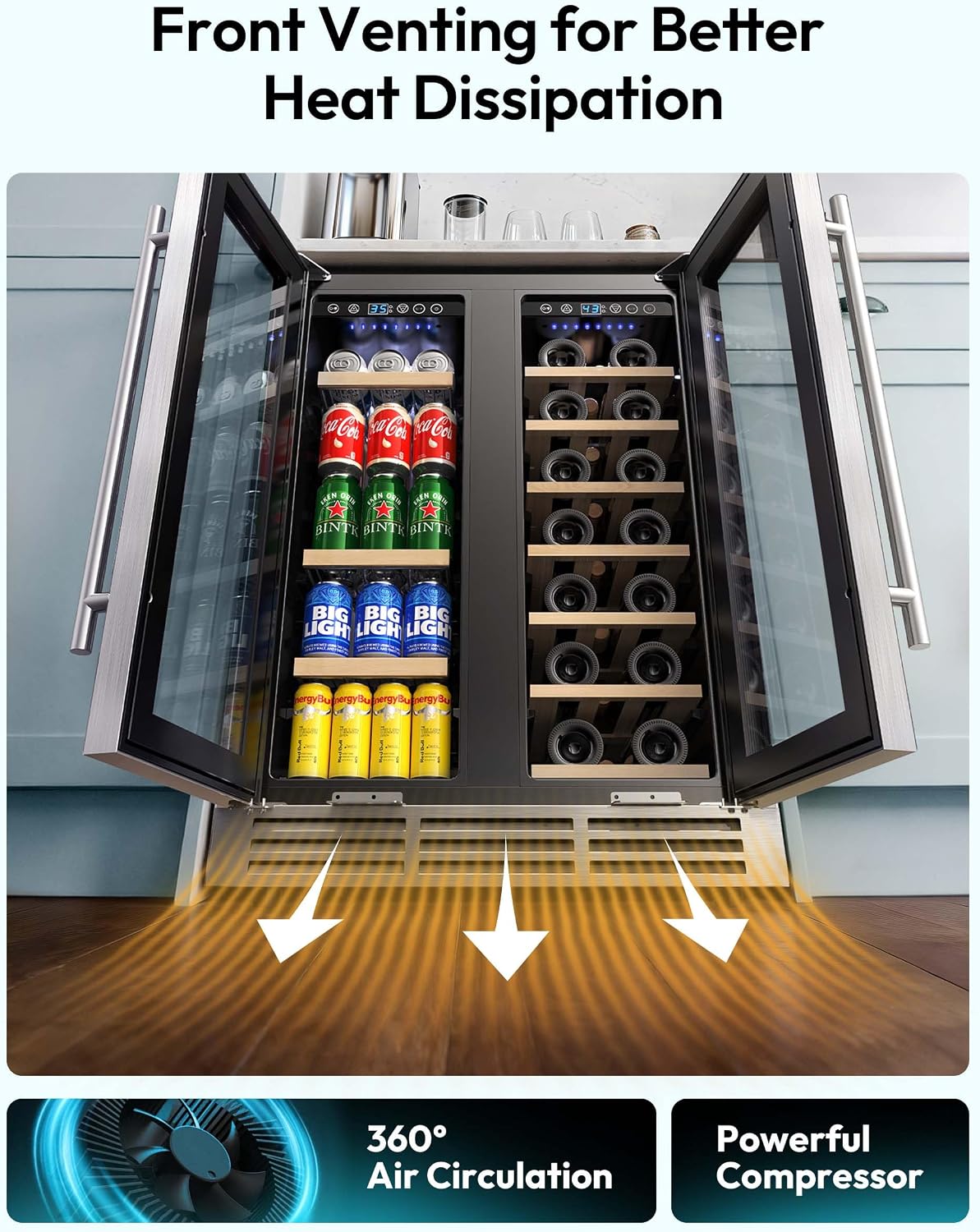 EUHOMY Wine and Beverage Refrigerator, 24 Inch Dual Zone Wine Cooler with Glass Door Hold 21 Bottles and 88 Cans, Built in or Under Counter Wine Fridge with Blue LED Light