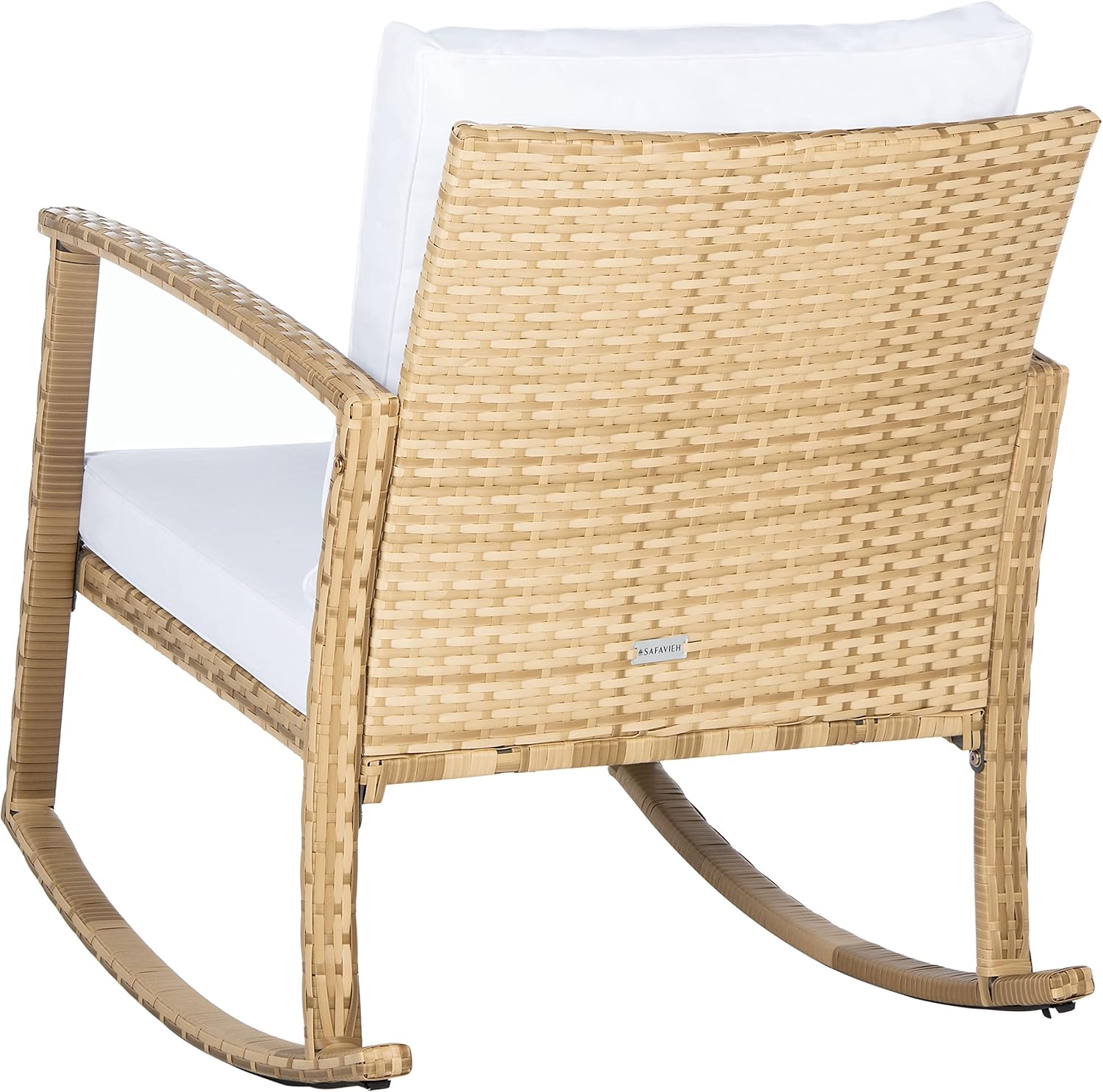 SAFAVIEH Outdoor - Daire Rocking Chair - Natural & White - Steel Frame Faux & Rattan with Cushion - Open-Frame Design - Ideal for Patio, Deck, Porch, Backyard, 14.4' Seat Height (PAT7721D)