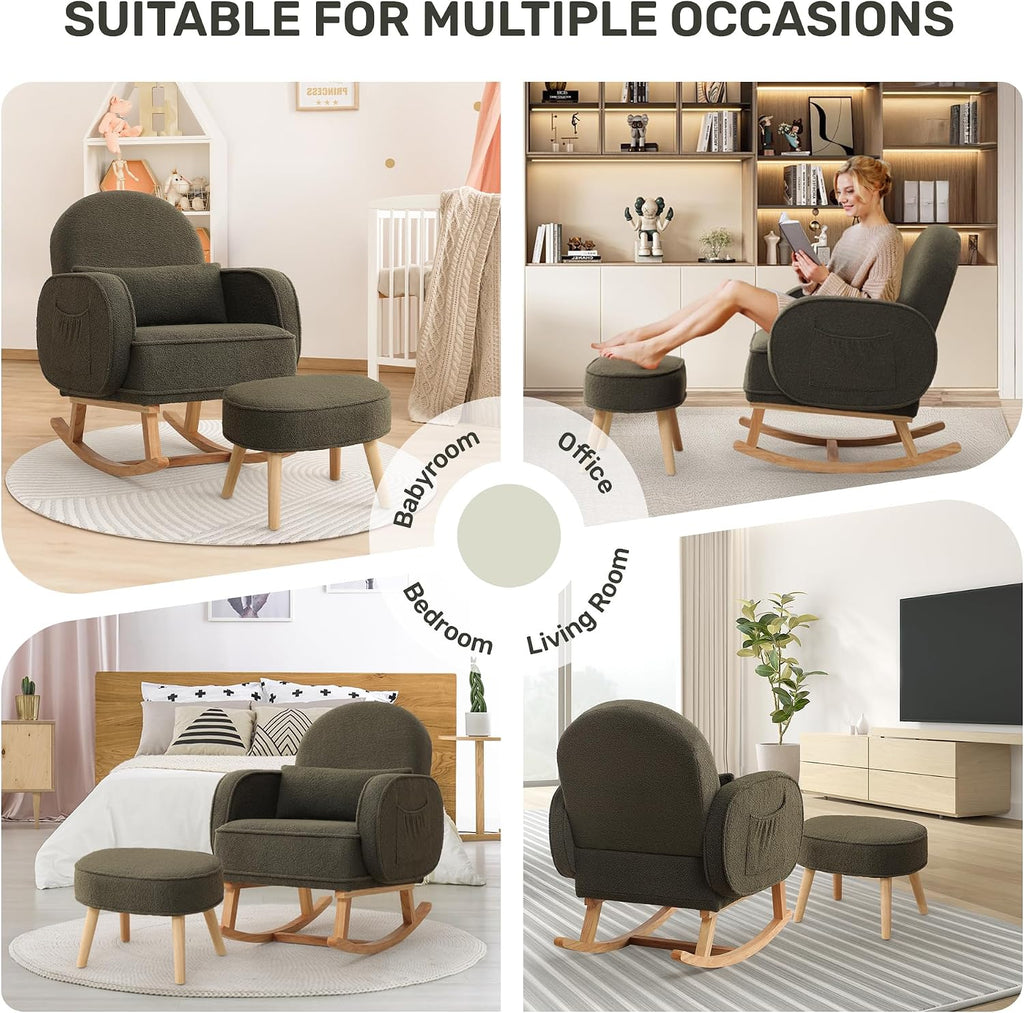 HCHAIRH Rocking Chair with Ottoman, Upholstered Glider Rocker with High Backrest and Side Pocket, Rocking Accent Armchair with Solid Wood Legs for Nursery/Living Room/Bedroom Green