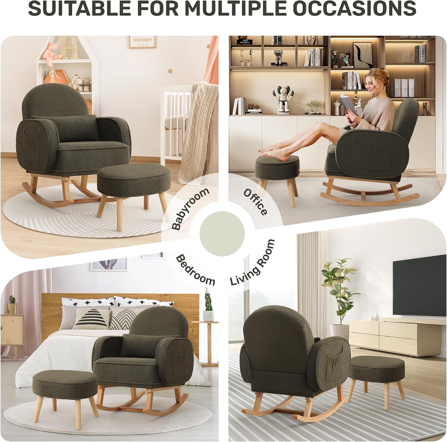 HCHAIRH Rocking Chair with Ottoman, Upholstered Glider Rocker with High Backrest and Side Pocket, Rocking Accent Armchair with Solid Wood Legs for Nursery/Living Room/Bedroom Green