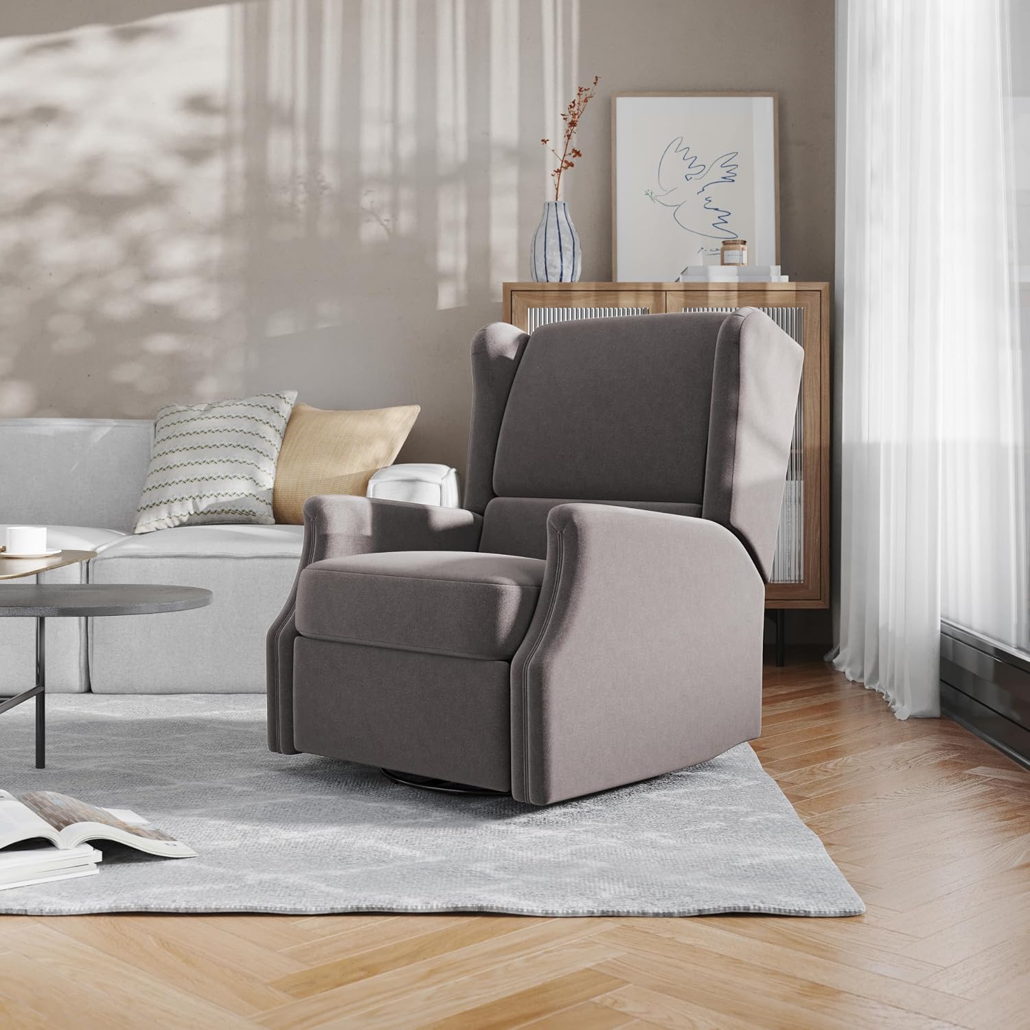 Flash Furniture Omma Swivel Glider Rocking Recliner, Manual Wingback Recliner with 360 Degree Swivel, for Living Room, Bedroom, or Nursery, Upholstered, Dark Gray
