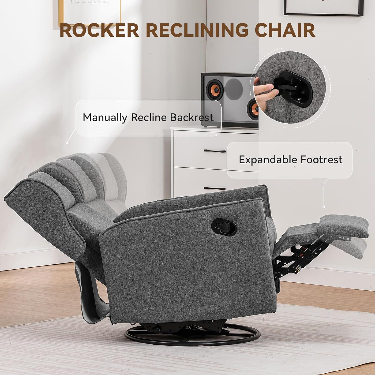 COMHOMA Rocking Recliner Chair,Swivel Glider Reclining Single Sofa Manual Rocker Recliners,Nursery Rocking Chairs with Upholstered Seating for Living Room Office(Grey)