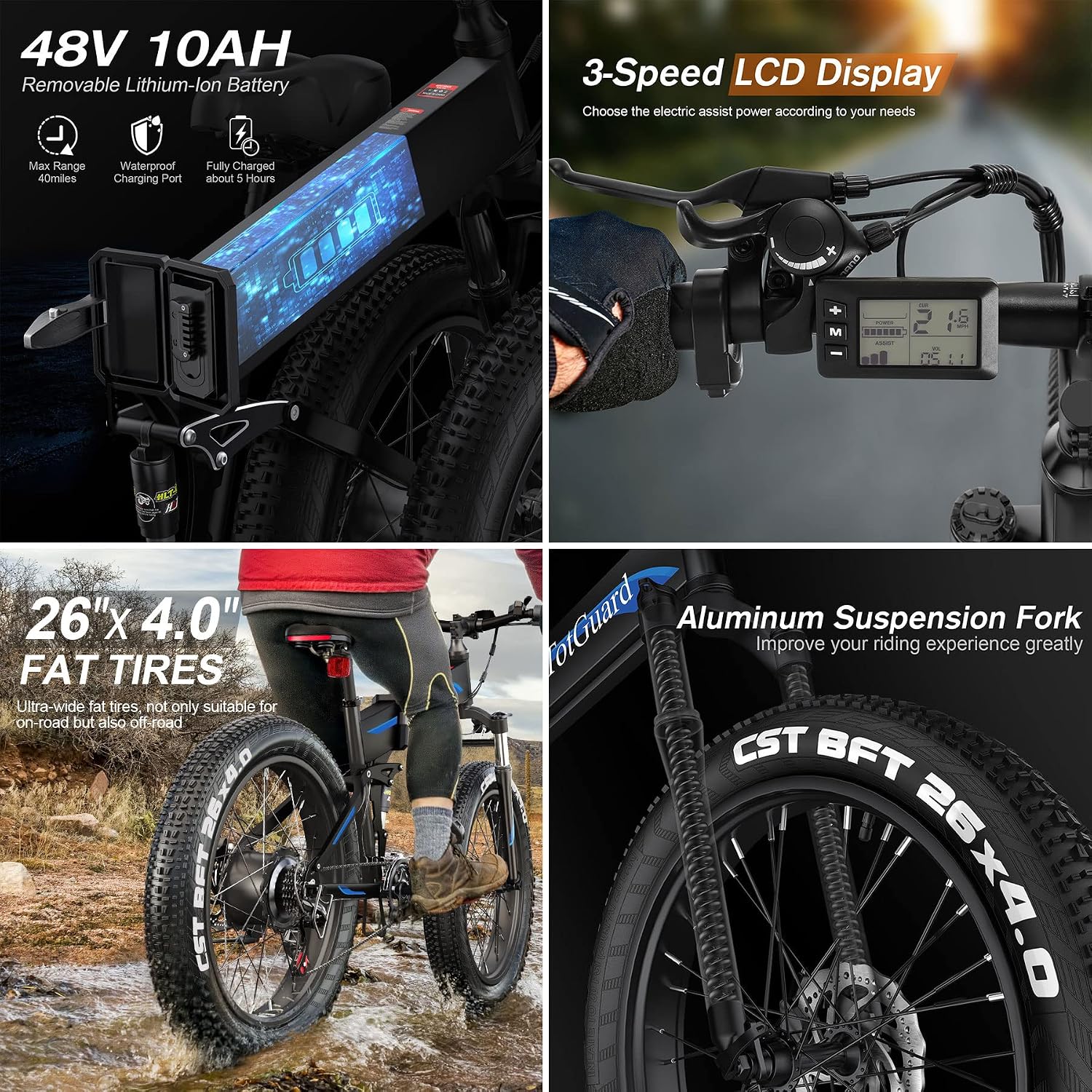 TotGuard Electric Bike,26' x4.0 Fat Tire Electric Bike with 500W Motor,48V 10.4Ah Removable Battery, 19.8MPH Foldable Mountain Ebike, Dual Shock Absorbers,21 Speed, SGS Certified to UL 2849