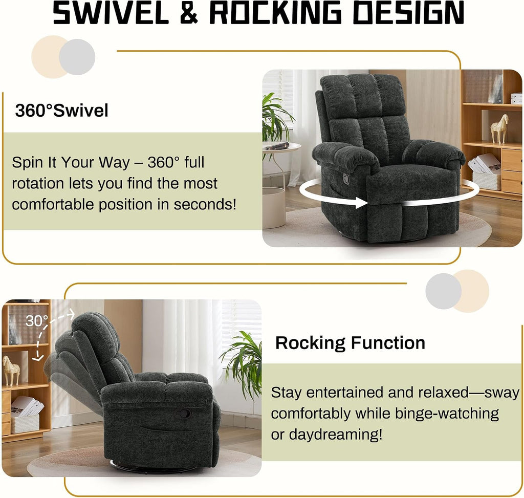 Korser Recliner Chair, Swivel Rocker Recliner Chair for Adults, Small Recliners for Small Spaces, Upholstered Manual Recliner with Side Pockets, Nursery Rocking Chair for Living Room, Chenille, Black