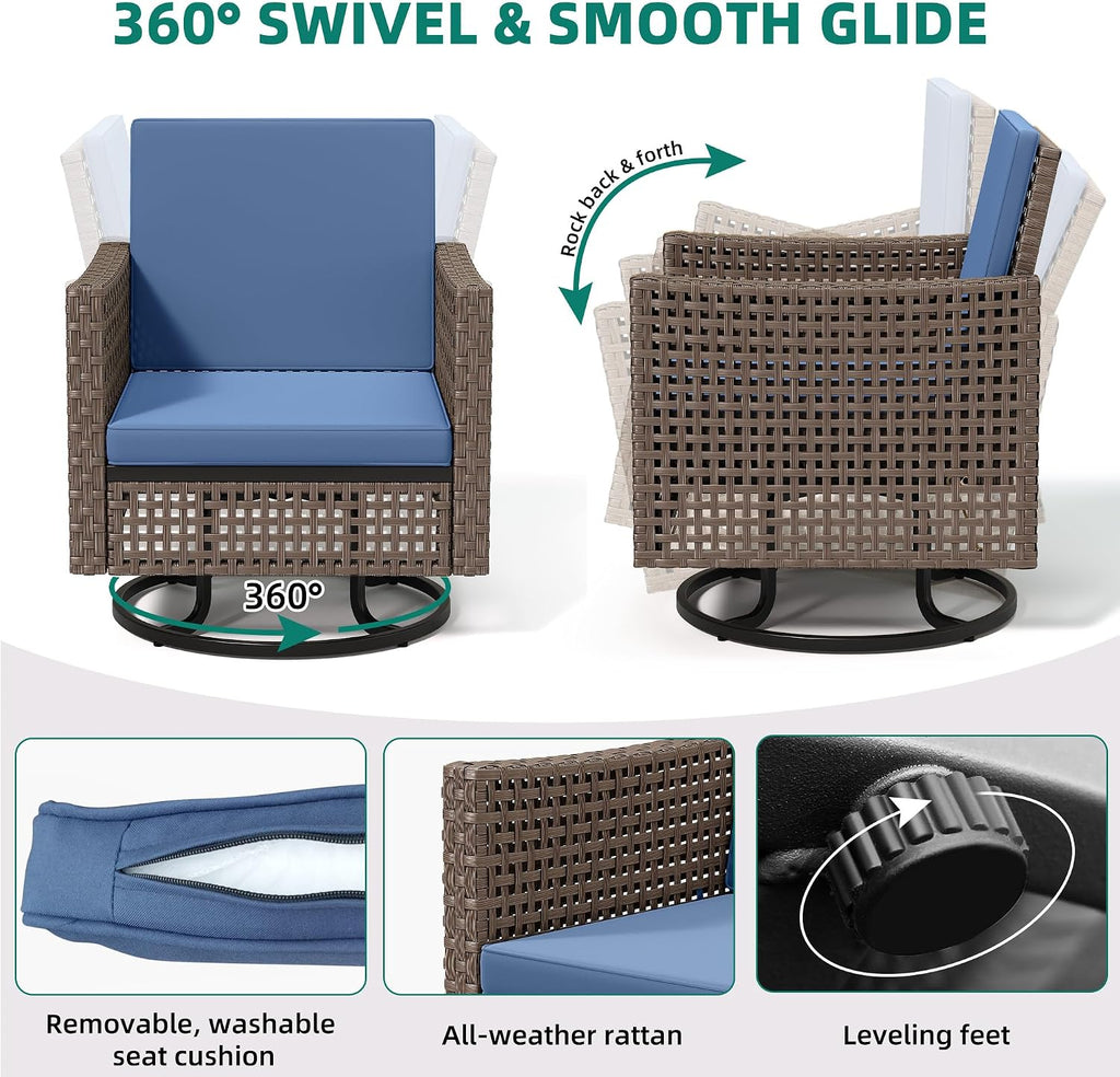 YITAHOME Outdoor Swivel Chair 3 Pieces, Wicker Patio Furniture, Porch Furniture, Swivel Wicker Patio Chairs with Rattan Side Table, Thickened Cushions for Porch, and Yard, Blue