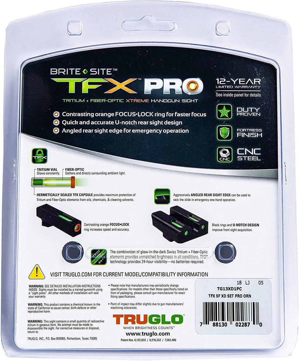 Truglo TFX PRO Handgun Sight, Glowing Shock Proof Tritium and Fiber Optic Night Sight for Handguns, Compact, Durable, and Snag Free Sight