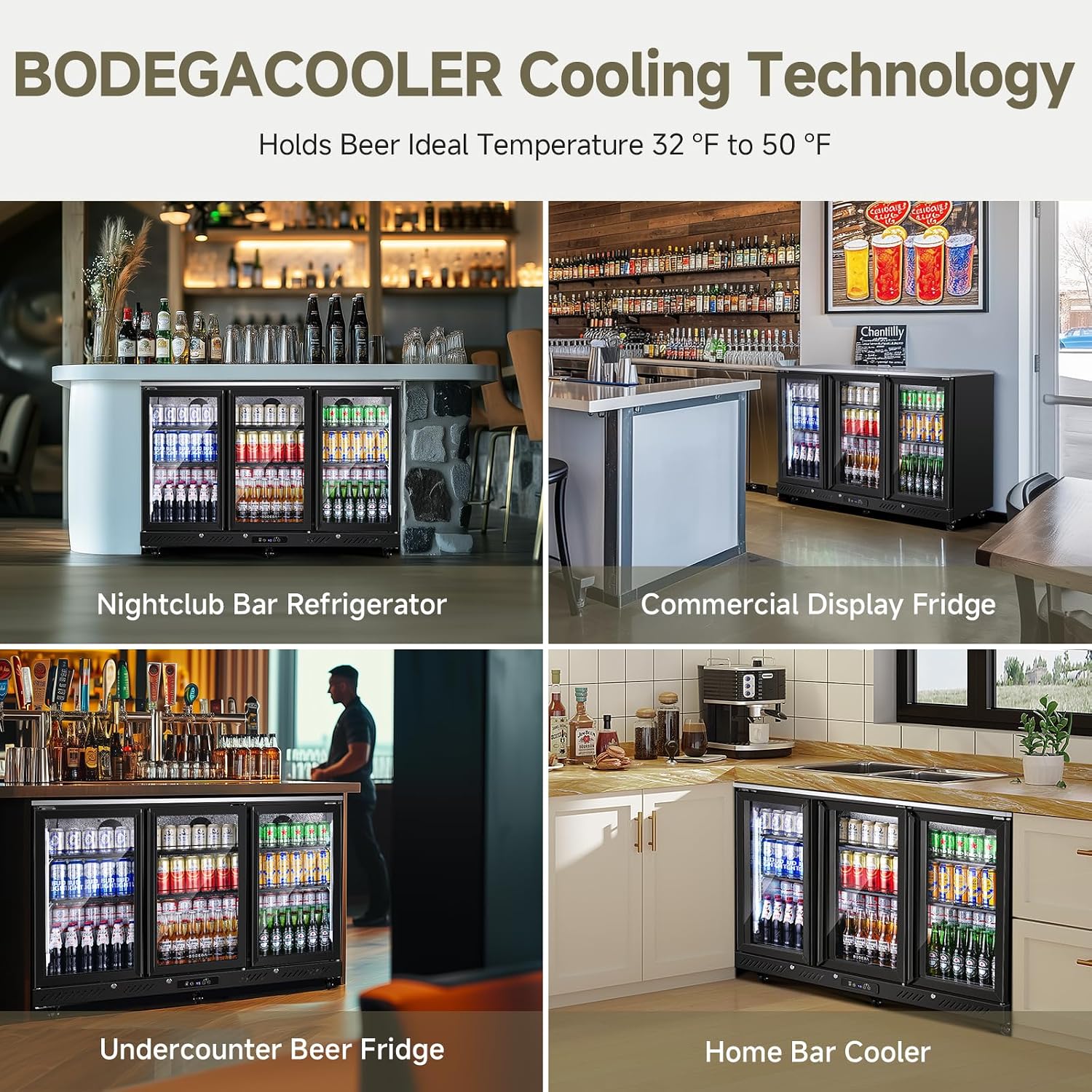 BODEGACOOLER Commercial Bar Cooler With 3 Glass Doors,12 Cu.Ft Counter Height Back Beverage Refrigerator,Display Bar Fridge with LED Lighting,Beverage Cooler for Beer Stainless Steel Top,With Casters