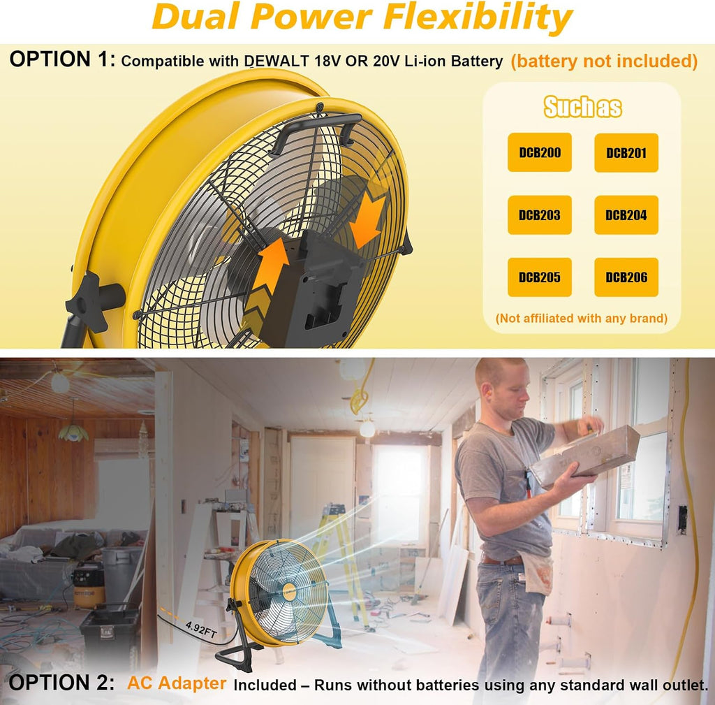 16' Battery Operated Floor Fan Compatible with Dewalt 20V Max Battery, Portable Fan with AC Adapter and USB Output, Metal Industrial High Velocity, Stepless Speed Cordless Fan for Jobsite Camping
