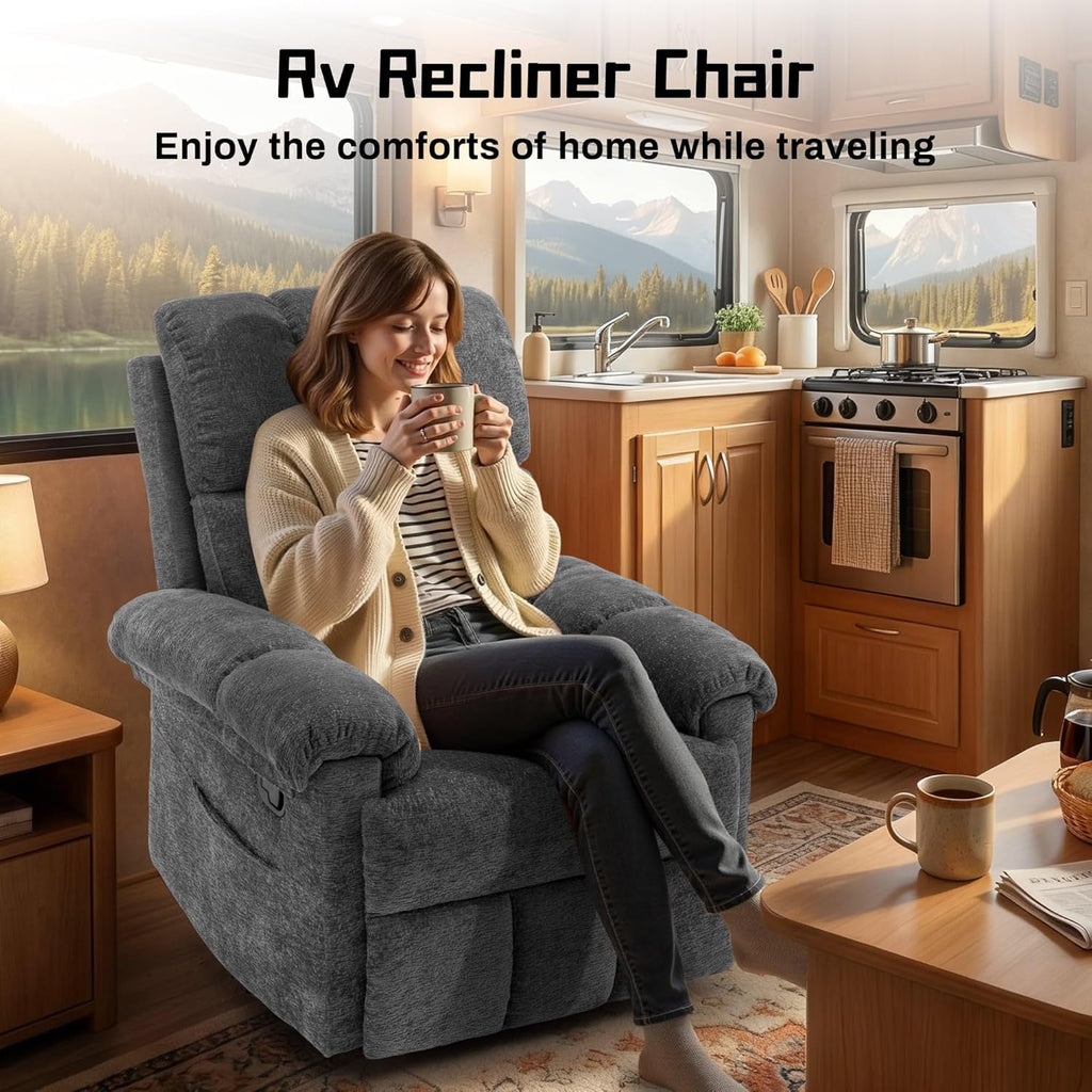 Korser Recliner Chair, Swivel Rocker Recliner Chair for Adults, Small Recliners for Small Spaces, Manual Recliner with Side Pockets, Upholstered Nursery Rocking Chair for Living Room, Chenille, Grey
