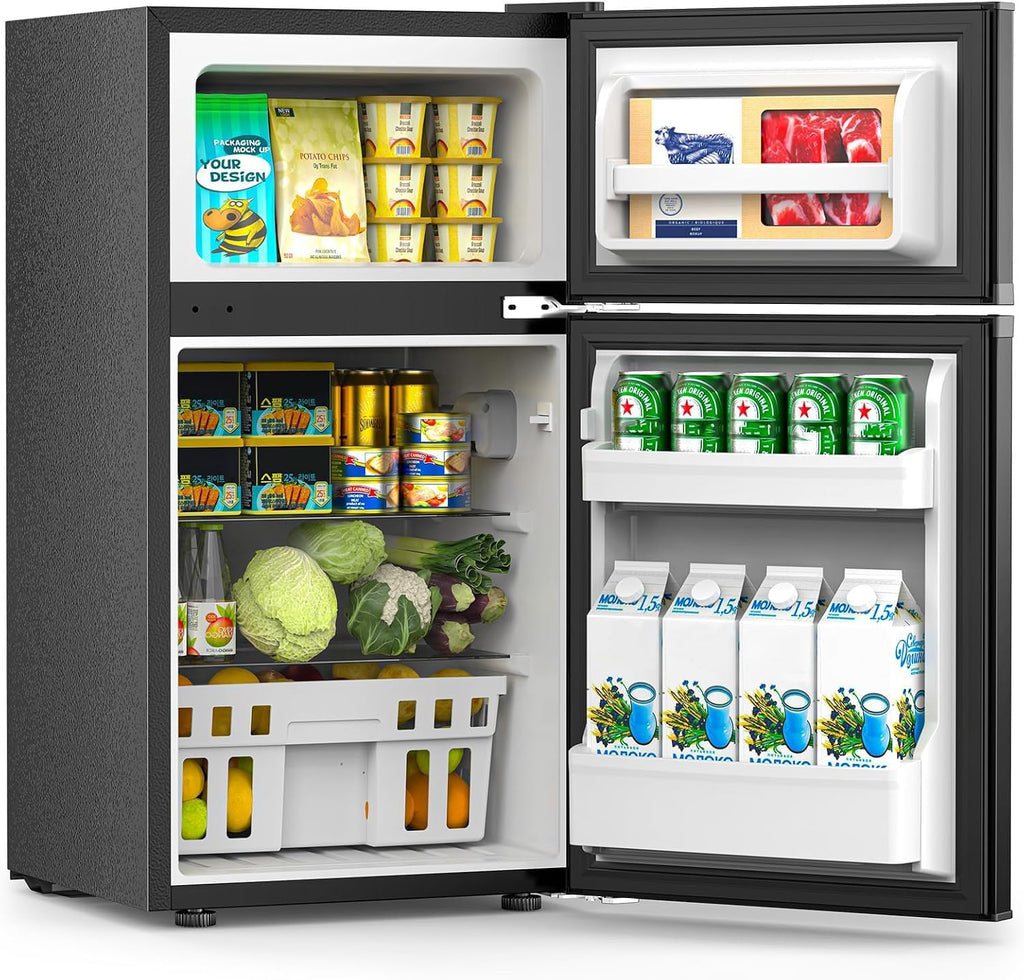 COWSAR 3.2 Cu.Ft Fridge with Freezer, Double Door Compact Fridge for Bedroom, Adjustable Thermostat, Energy-efficient Low Noise Small Refrigerator For Dorm, Office, Bar, RV, Bedroom,Commercial